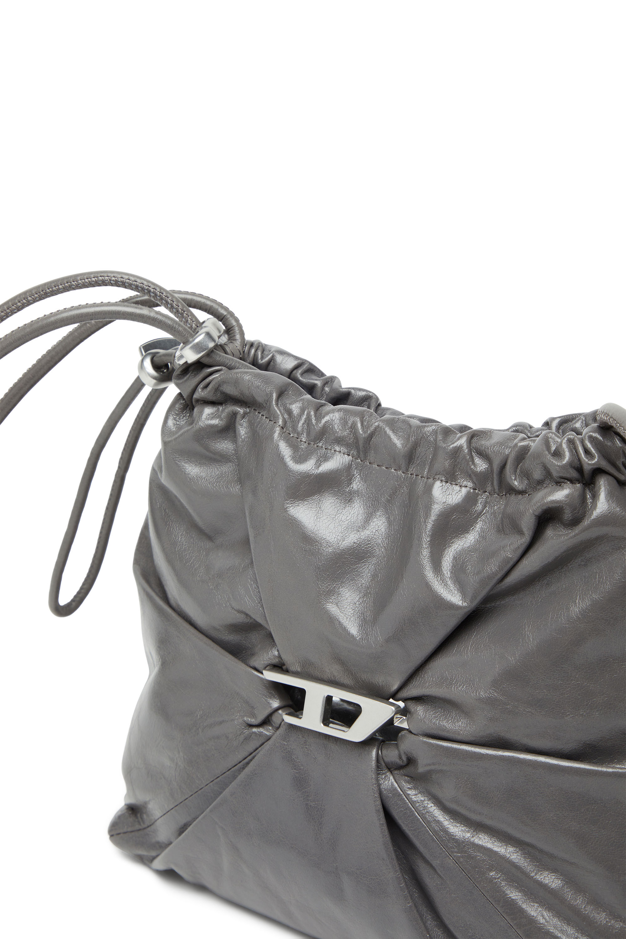 Diesel - SCRUNCH-D BUCKET, Damen Scrunch-D-Beuteltasche aus glänzendem zerknittertem Leder in Grau - 5