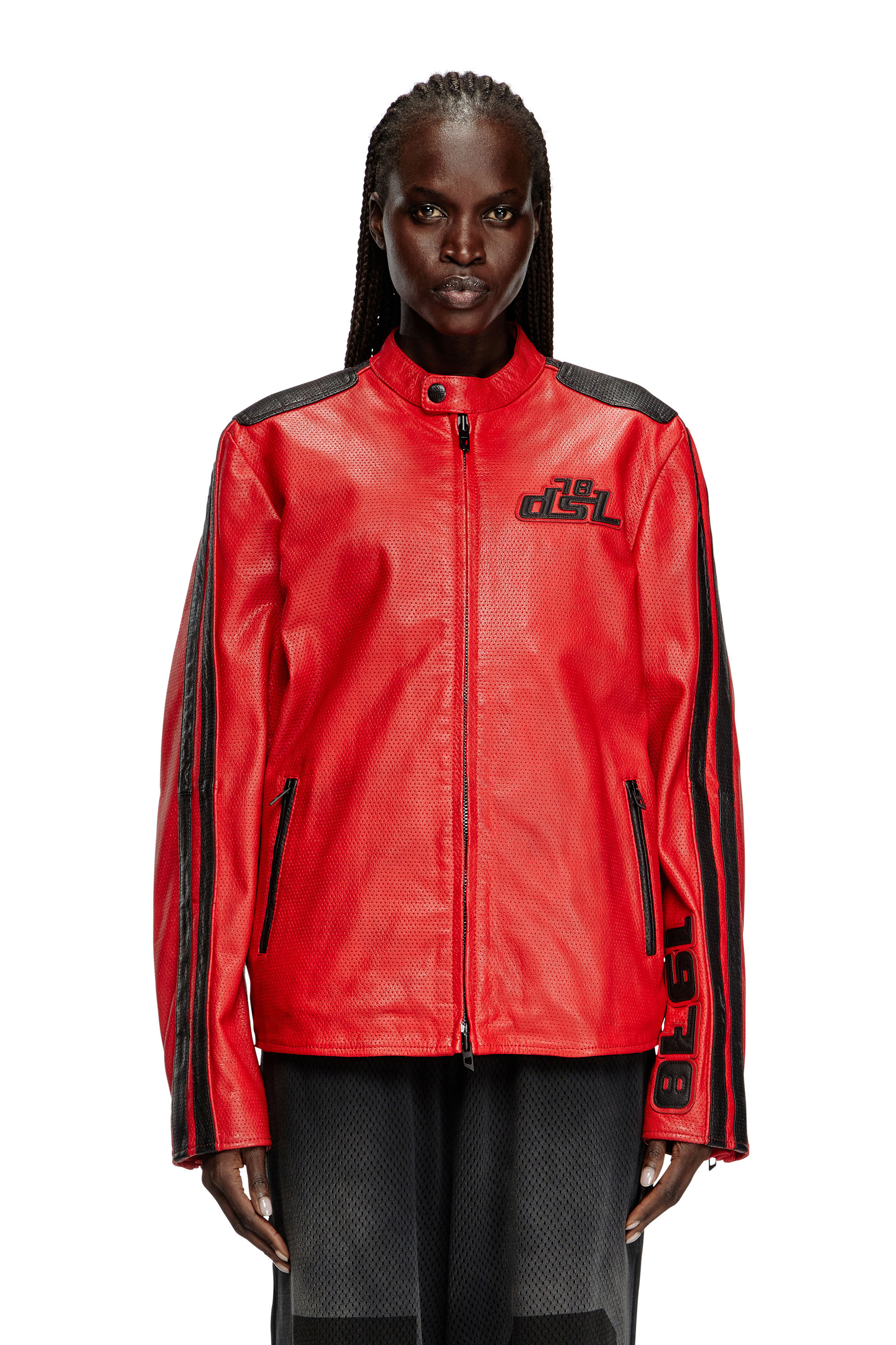 Diesel - L-POP, Unisex's Biker jacket in perforated leather in Red - 1