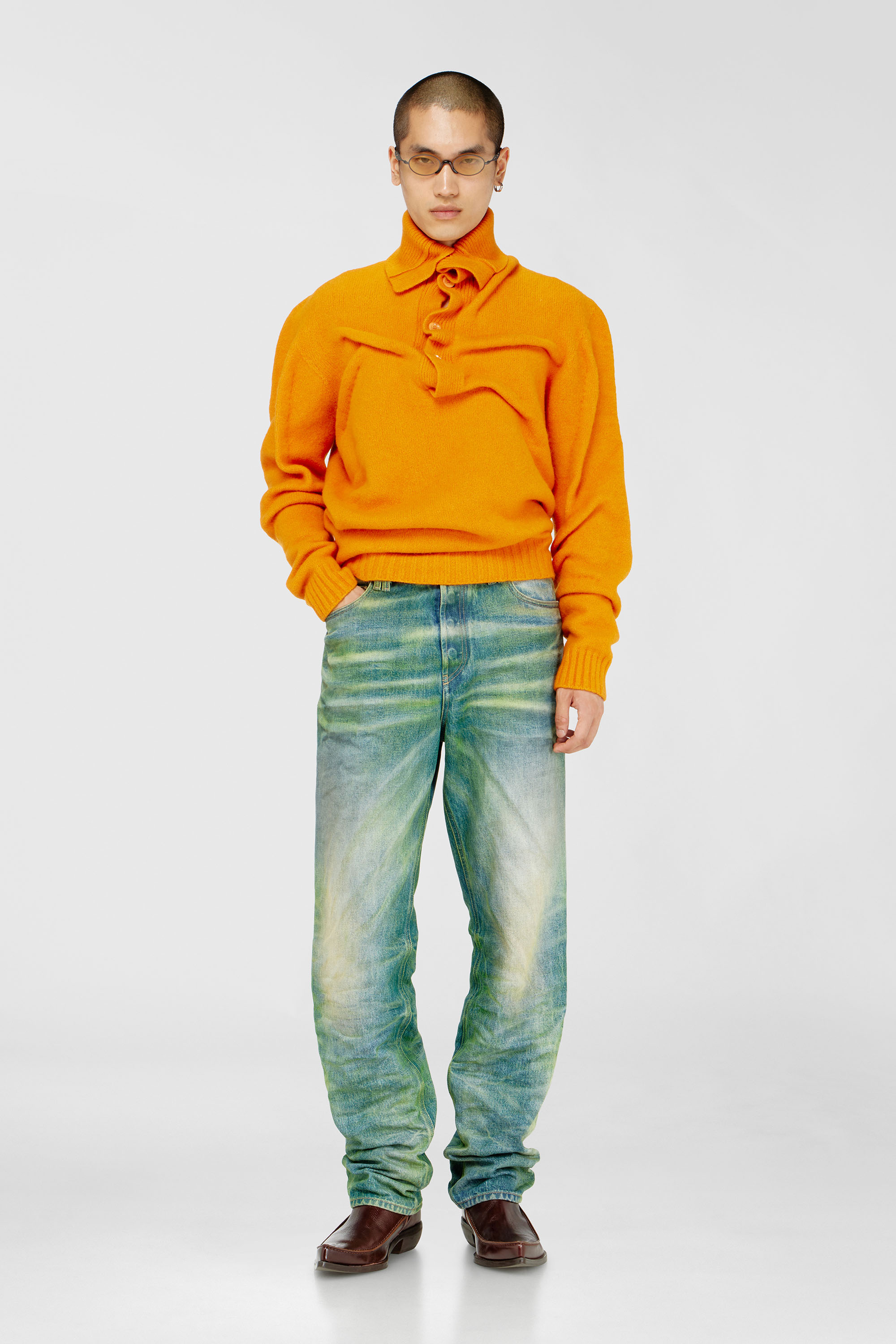 Diesel - K-ANDREW, Herren Pullover mit Knopfleiste aus gekochtem, geknittertem Strick in Orange - 1