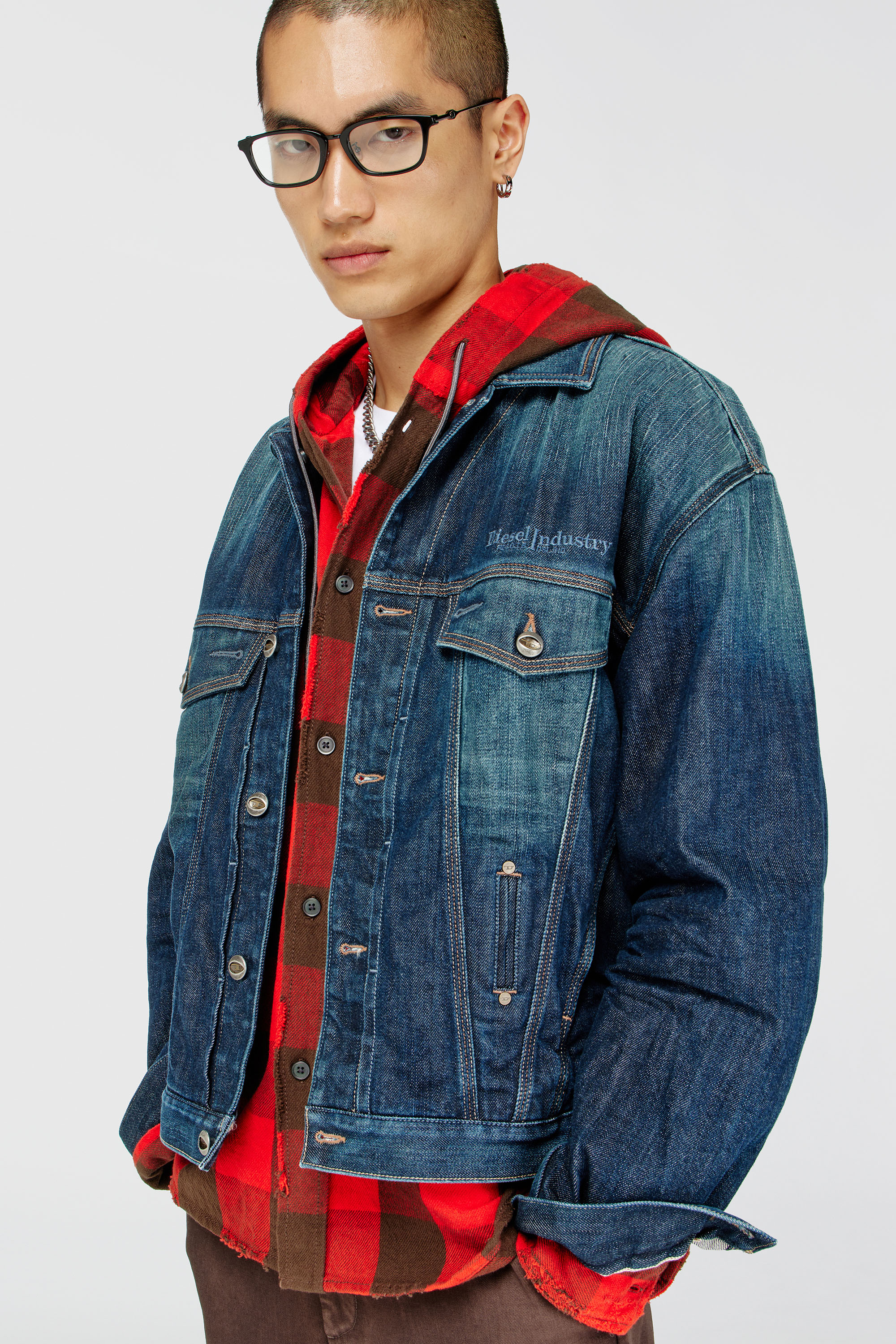 Diesel - S-DRUM-HOODY, Herren Kapuzenshirt aus distressed kariertem Flanell in Braun/Rot - 5