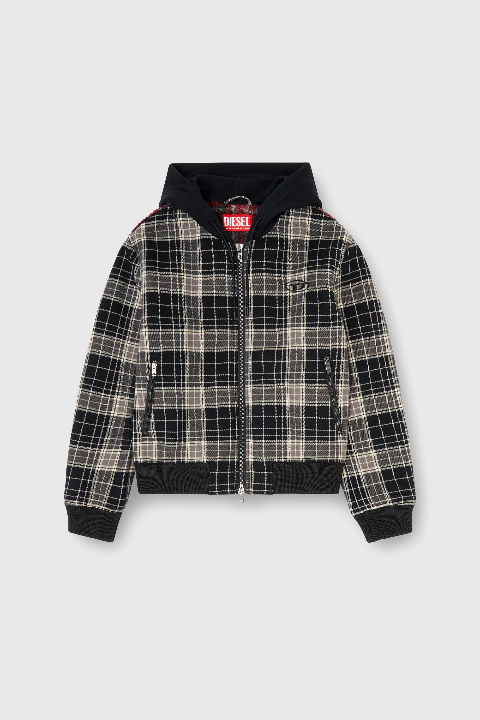 Diesel - W-KUNST, Herren Karo - Karo-bomberjacke mit flanellmuster und teddyfutter in Grau/Schwarz - 2
