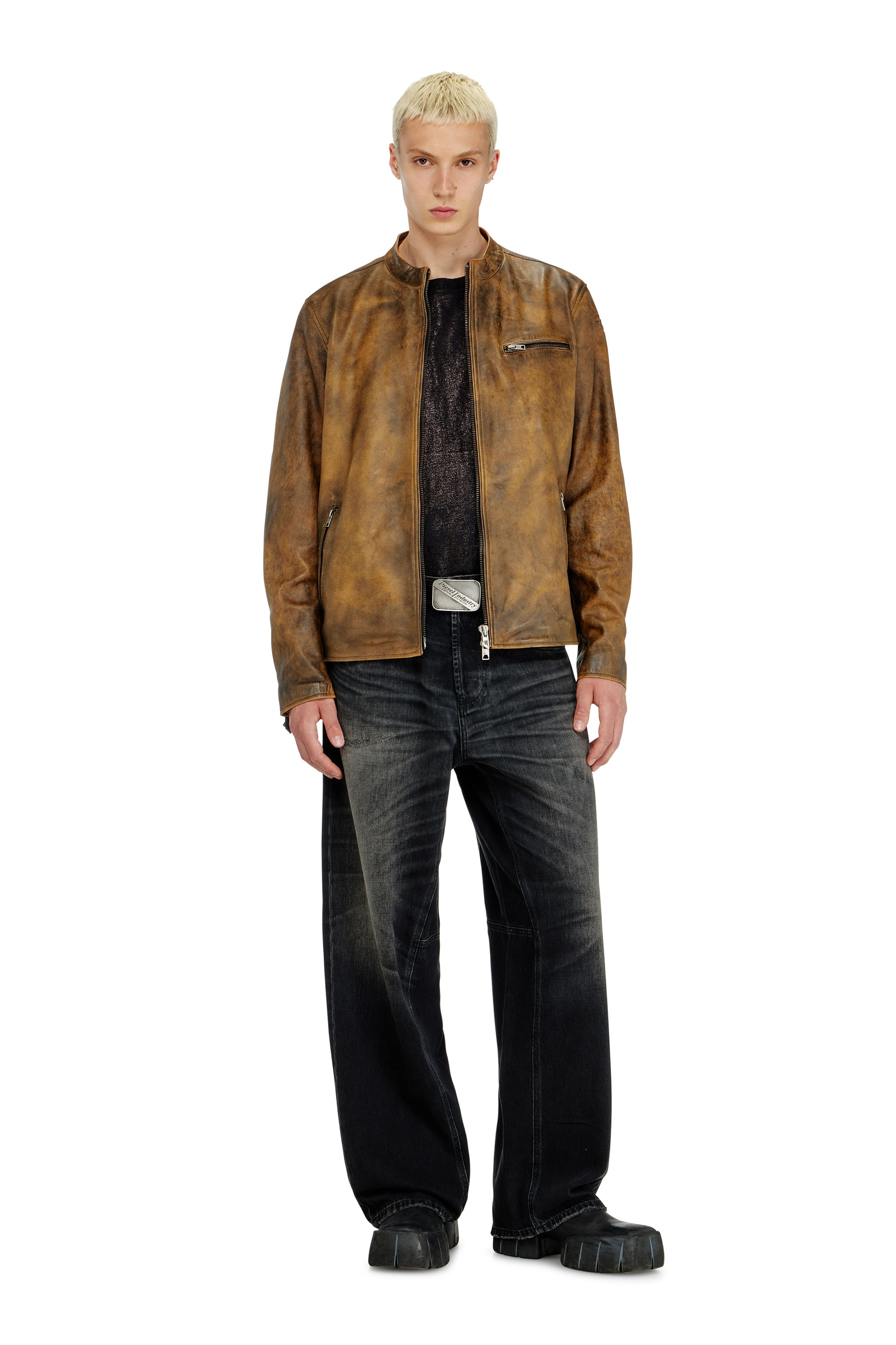 Diesel - L-ZAD-KNCZ, Man's Biker jacket in treated leather in null - 1