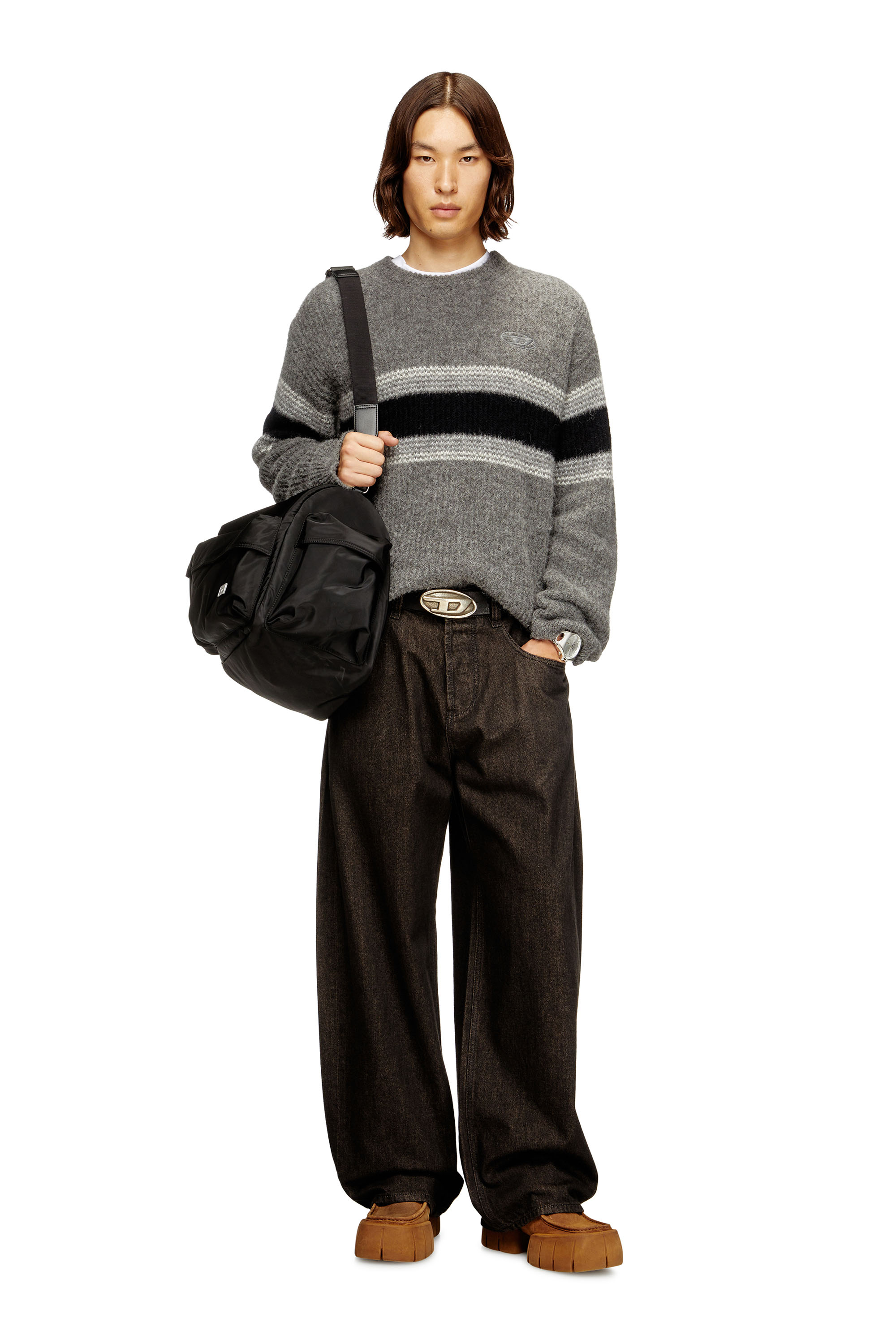 Diesel - K-SOREN, Herren Gestreifter Pullover aus Alpakamischung in Grau/Schwarz - 1