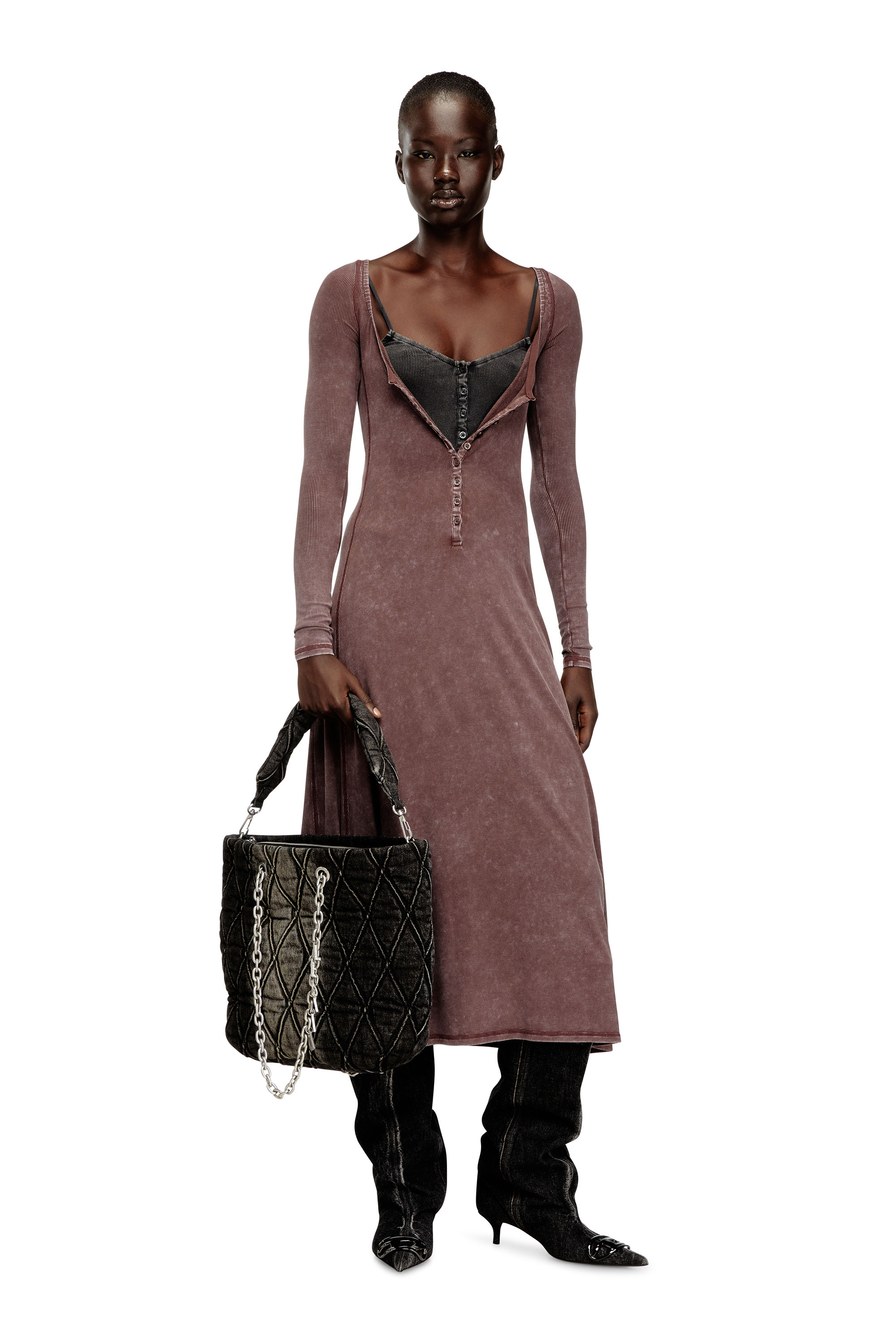 Diesel - D-LEY, Damen Midikleid aus verblasstem Rippstrick-Jersey in null - 2