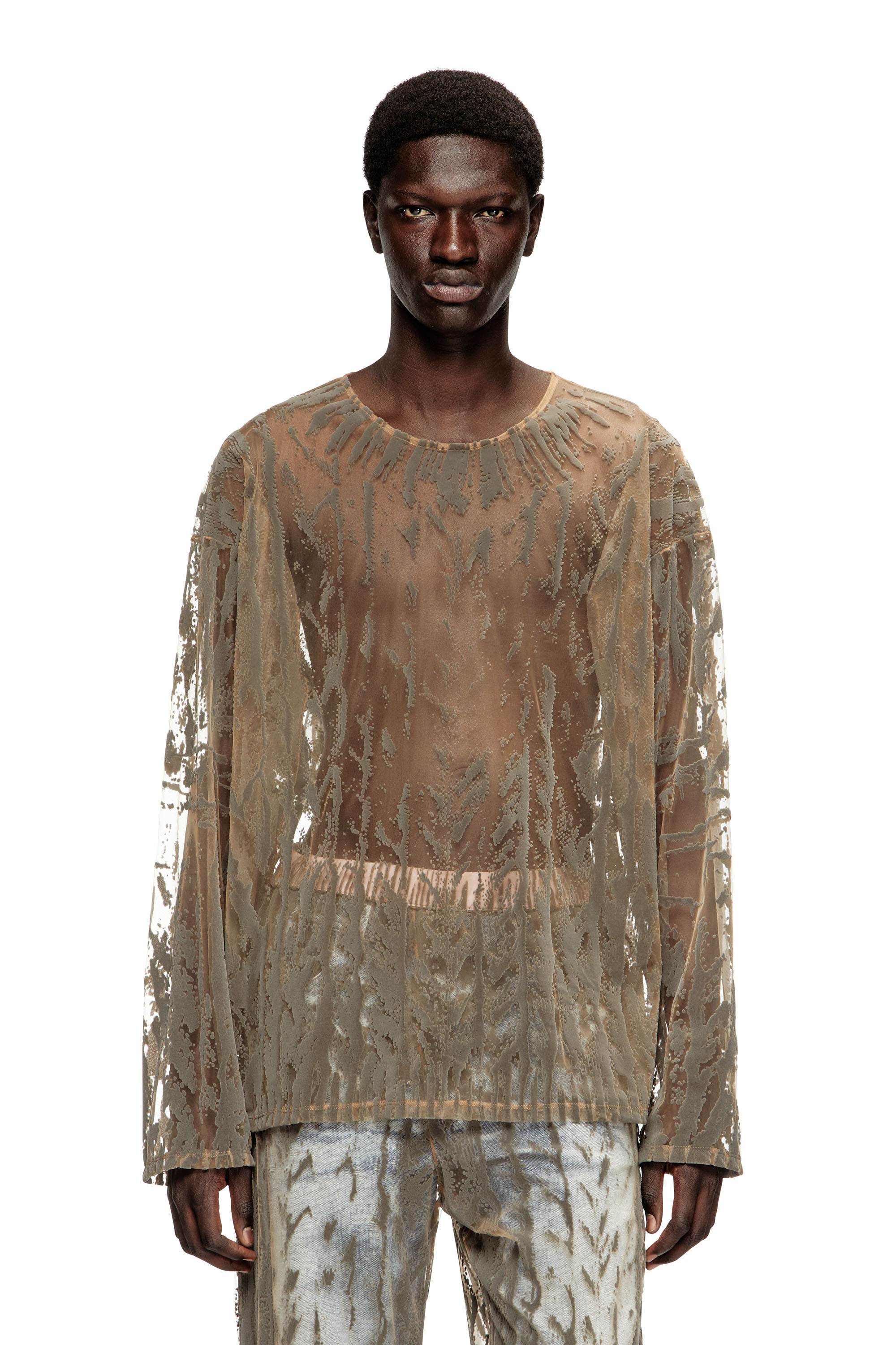 Diesel - T-TARAS, Herren Langarm-Oberteil aus beflocktem Tüll in Hellgrau - 3