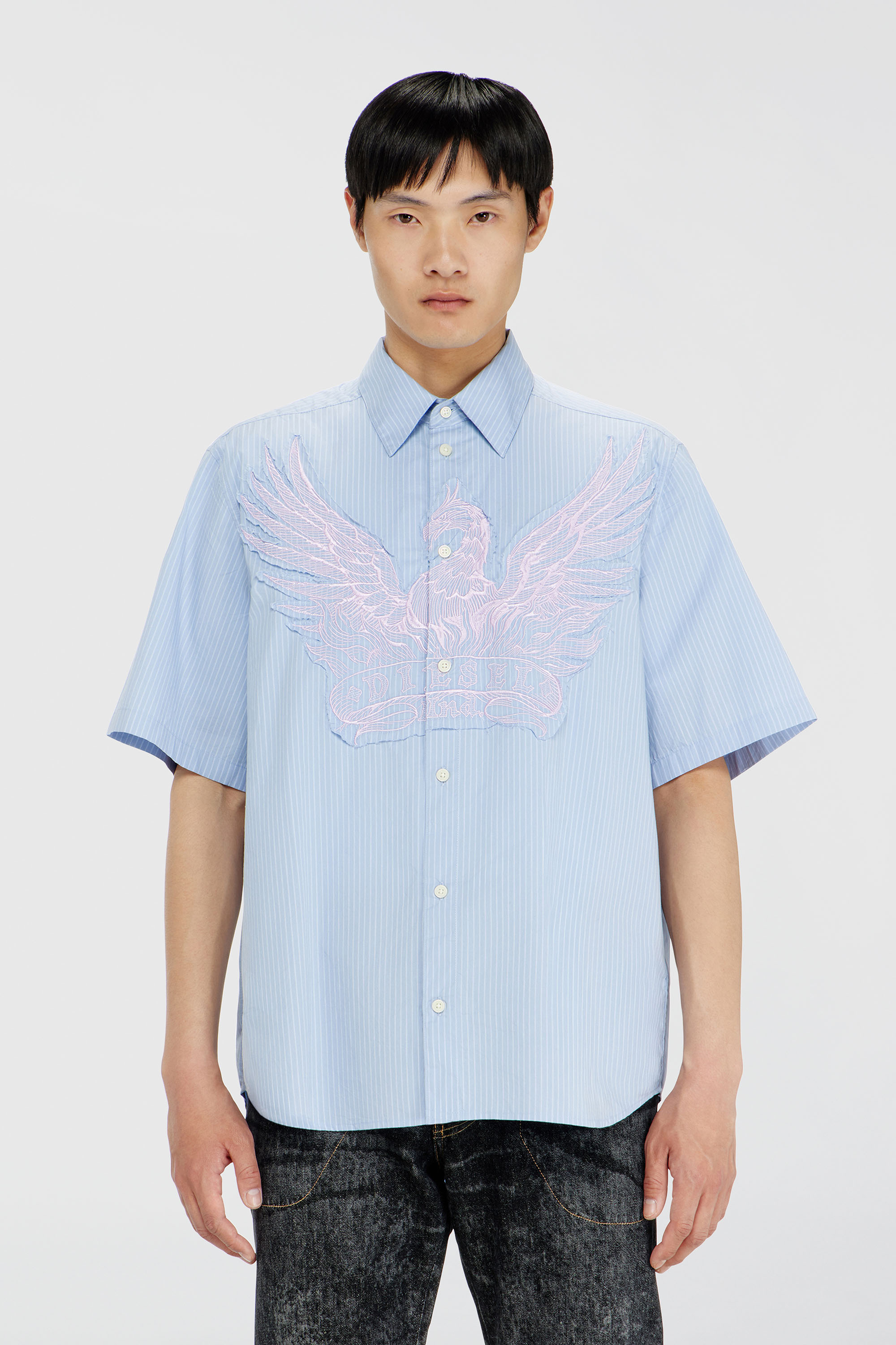 Diesel - S-SIMPLY-SS-AGCZ, Herren Gestreiftes Popeline-Hemd mit Stickpatch in Hellblau - 1