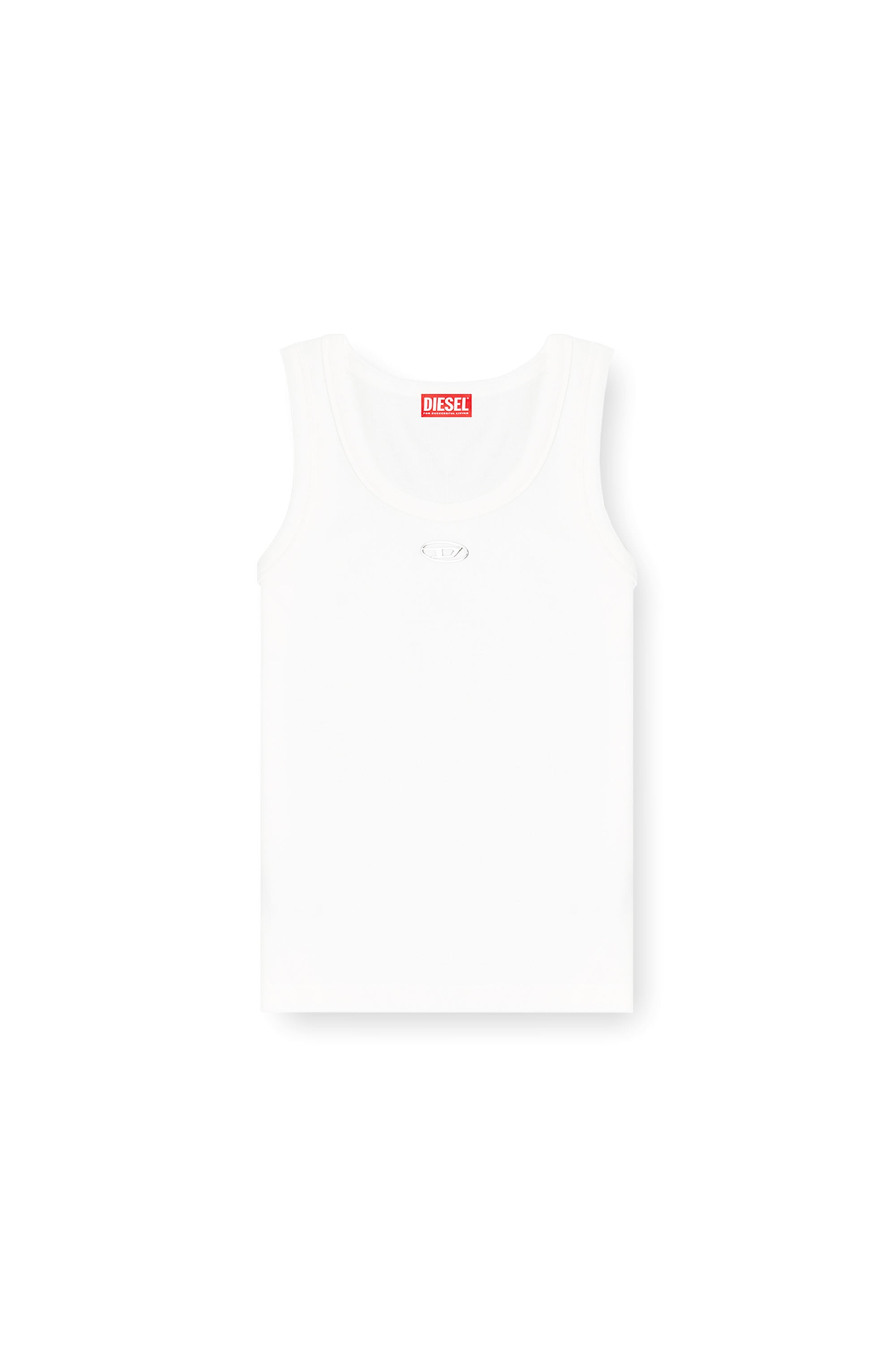 Diesel - T-ANKI-OD, Damen Schmal geschnittenes, geripptes Tanktop mit metallischem Oval D in Wei&szlig; - 3