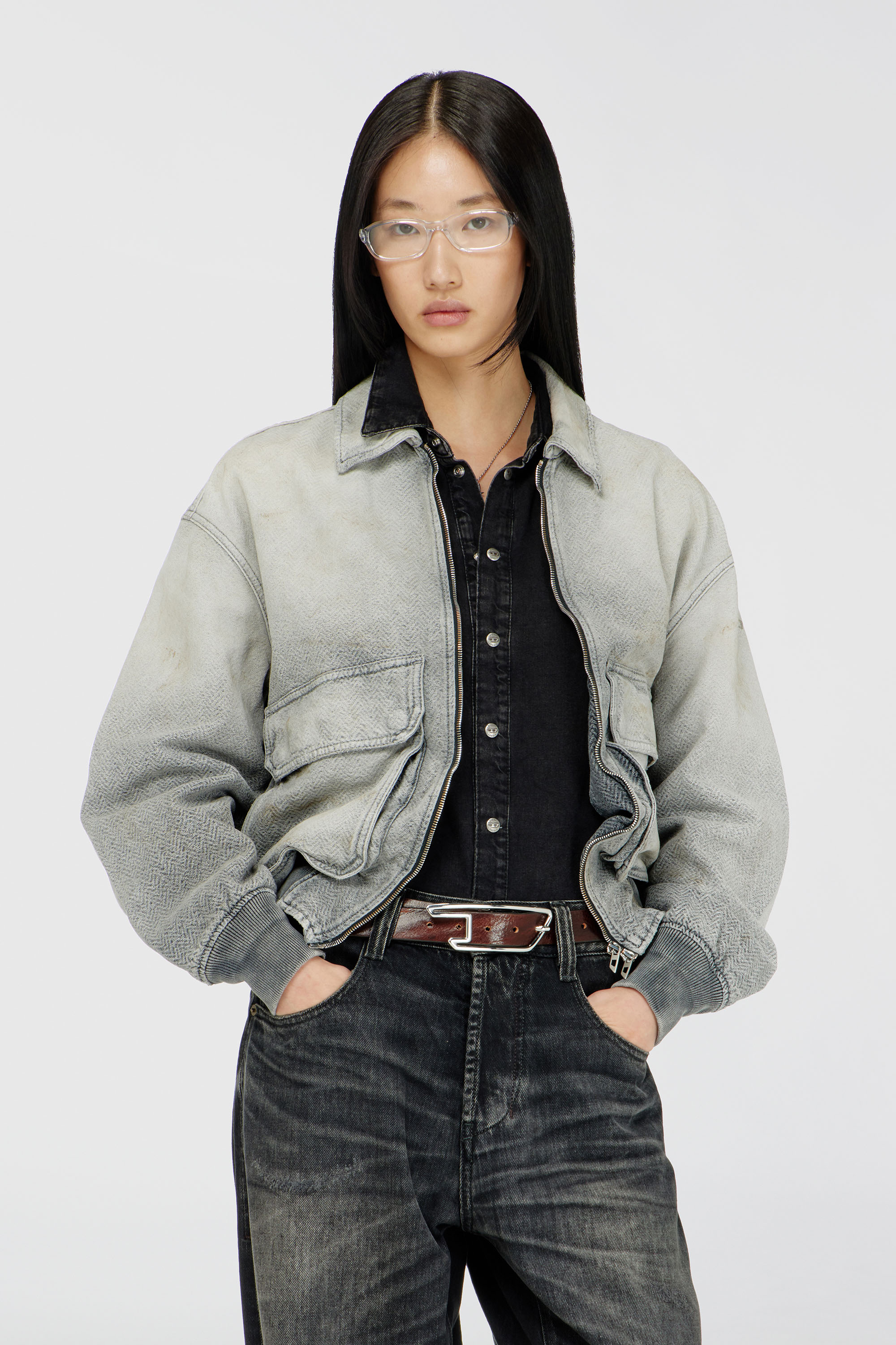 Diesel - D-KURZ, Unisex Jacke aus distressed fischgr&auml;t-denim in Grau - 1