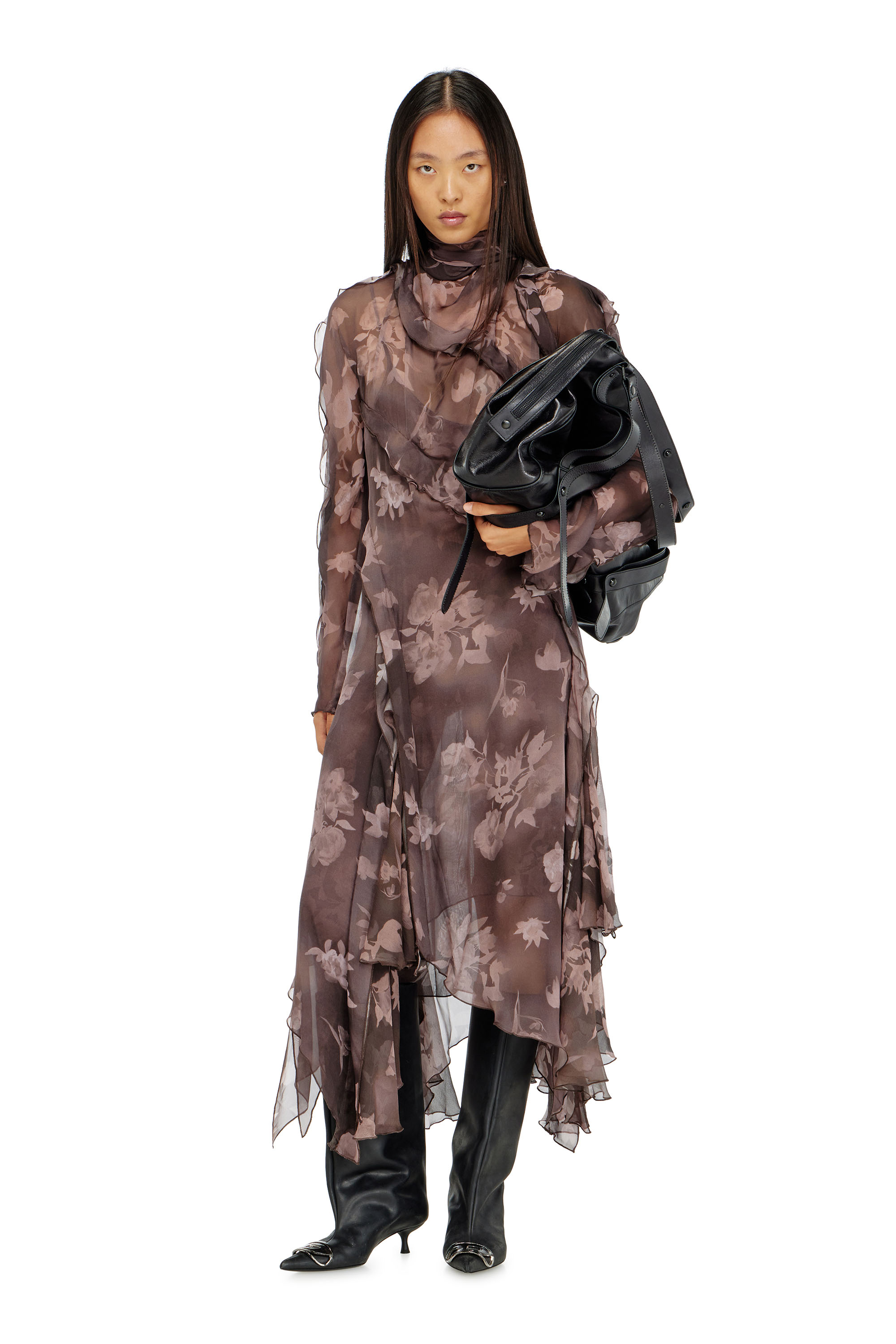 Diesel - D-RIADI, Damen Asymmetrisches Midikleid aus Chiffon und Seiden-Cr&ecirc;pe in Braun - 1