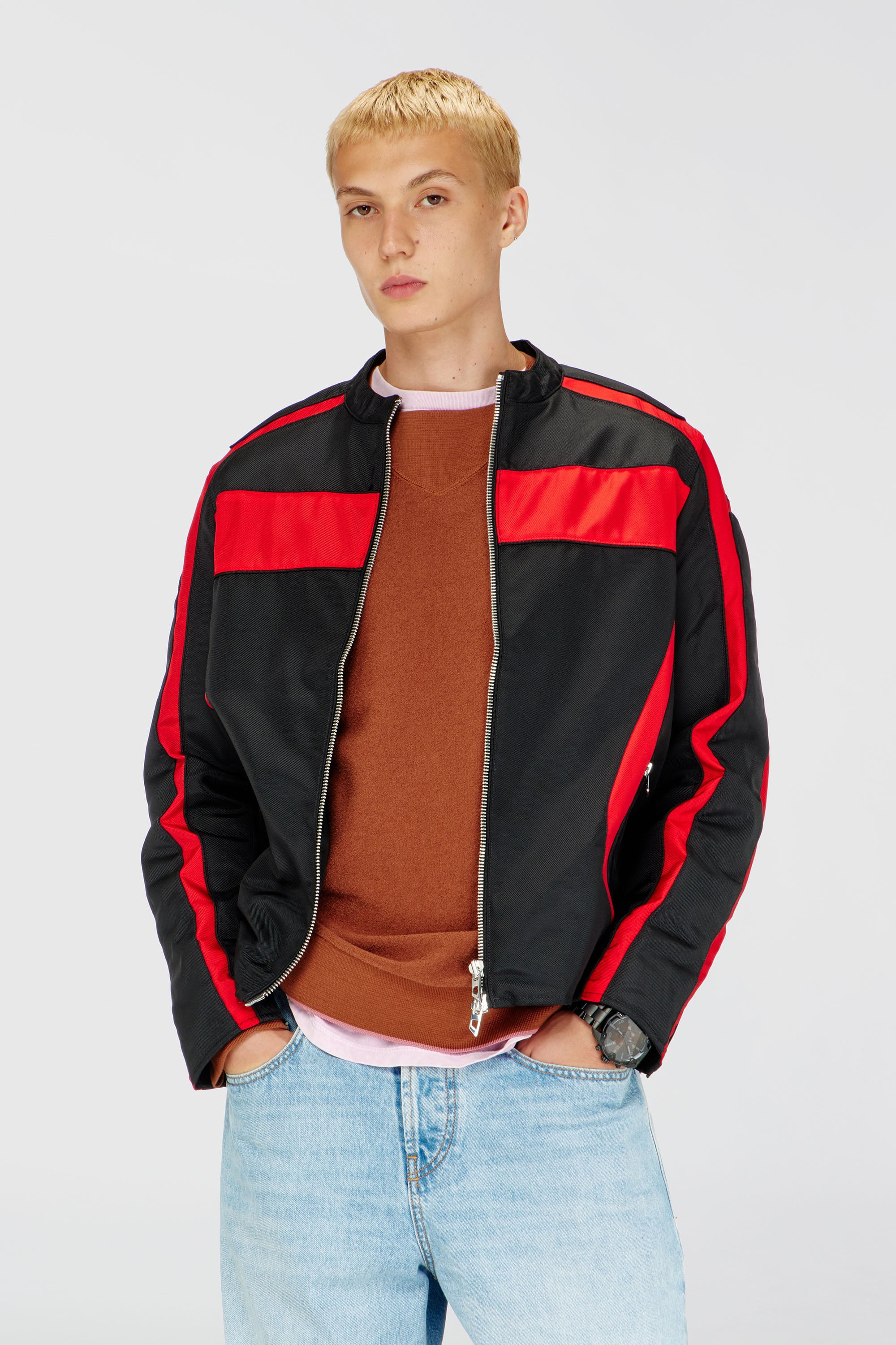 Diesel - J-ADAM-PDAI, Herren Bikerjacke im Colourblock-Design aus Canvas in Schwarz/Rot - 1
