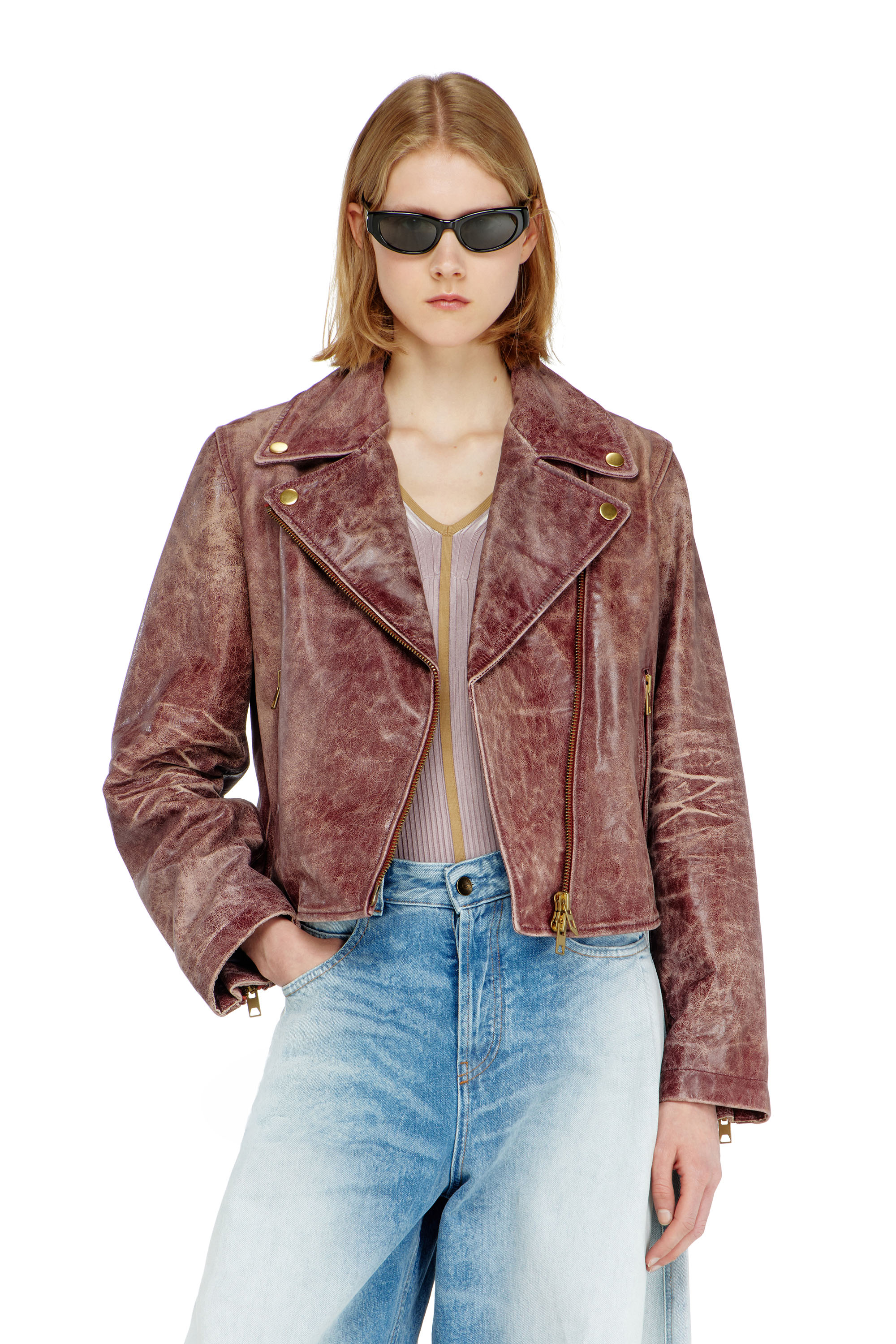 Diesel - L-UNATIC-T1, Woman's Biker jacket in treated leather in null - 1