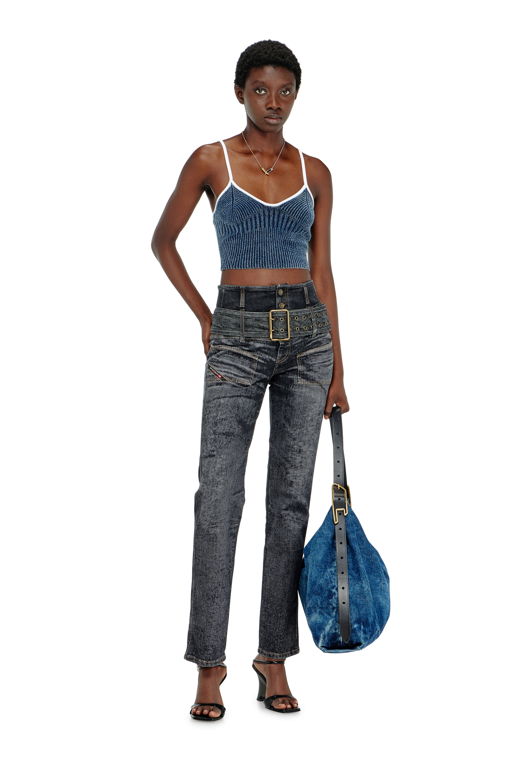 Diesel - M-ESTERE, Damen Crop-Top aus indigo boucl&eacute; Rippstrick in Blau/Weiss - 2