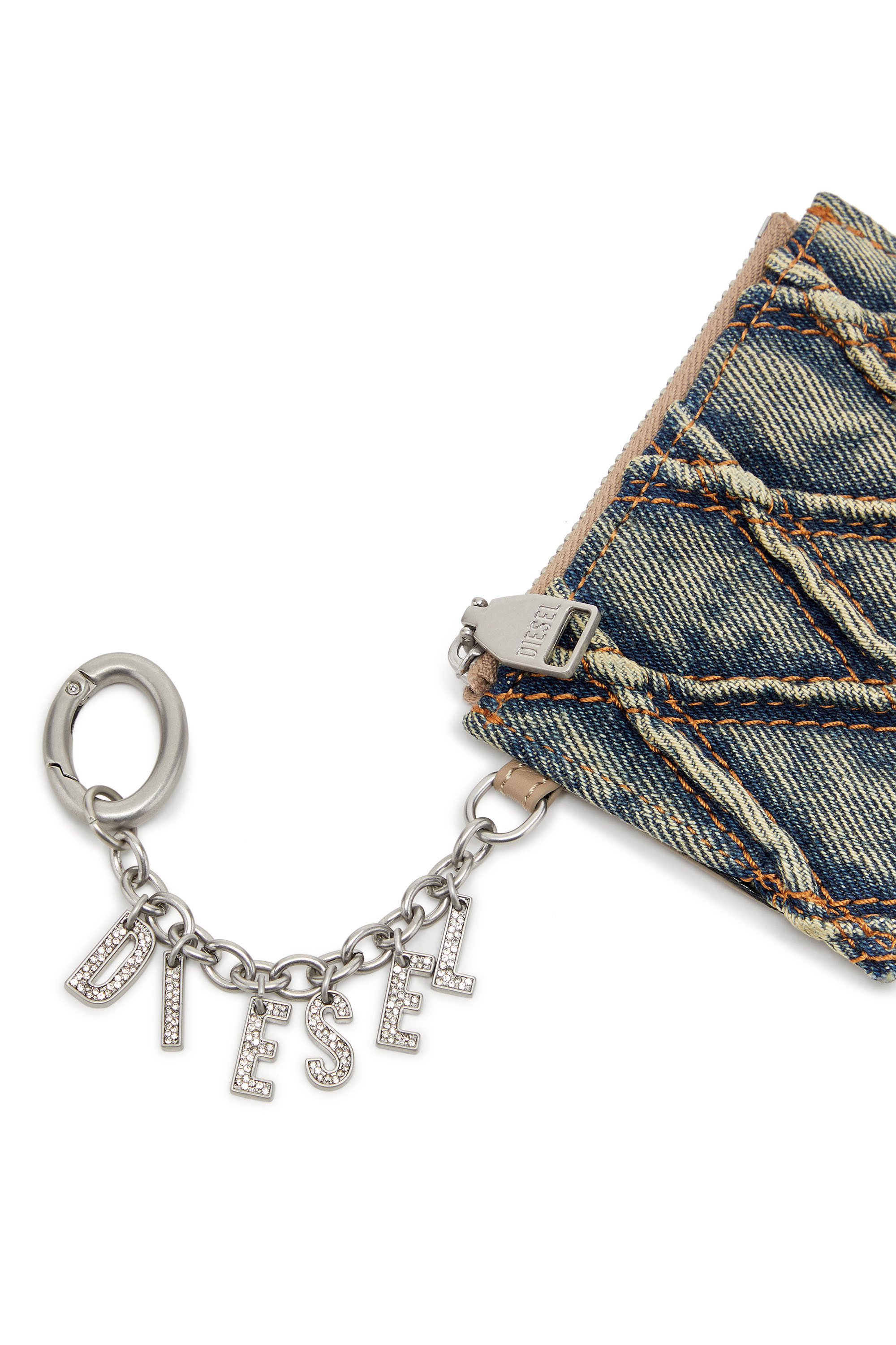 Diesel - CARD HOLDER WITH CHAIN, Damen Kartenetui aus gestepptem Argyle-Denim in Blau - 4