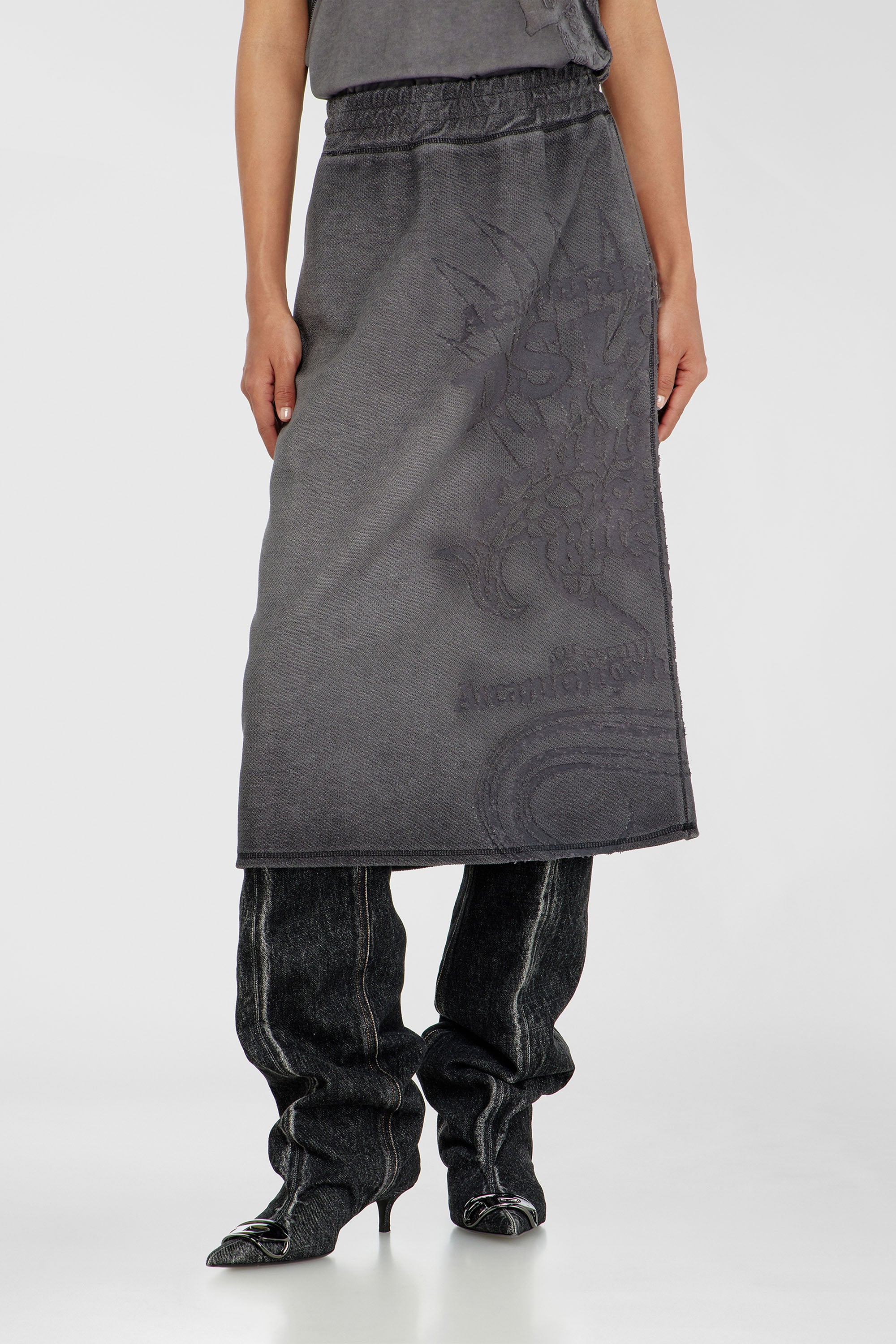 Diesel - O-BEAUTY, Damen Fleece-Midirock mit D&eacute;vor&eacute;-Print in Dunkelgrau - 1