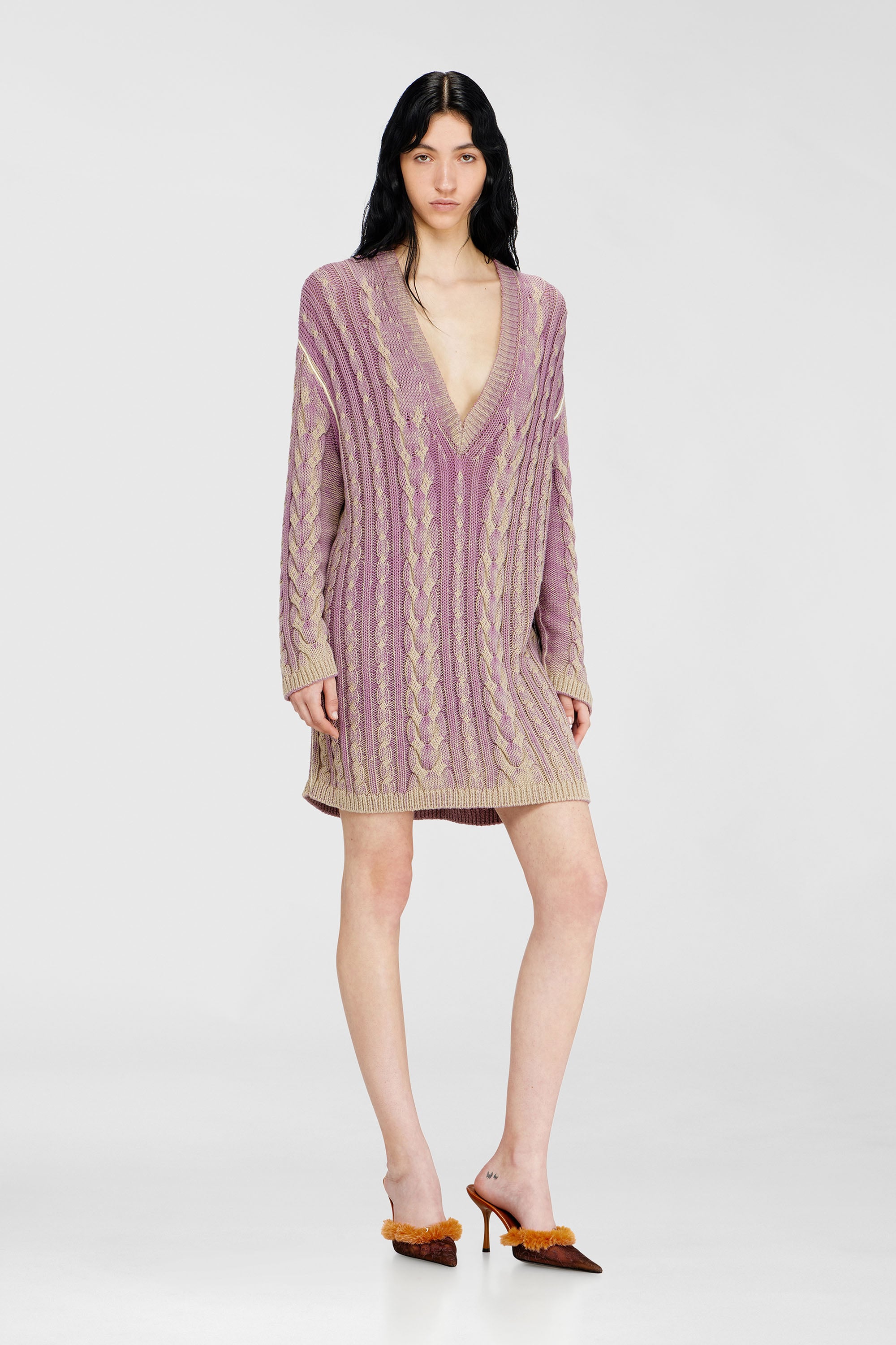 Diesel - M-ELGA, Damen Kurzes Strickkleid im Zopfmuster in Lila - 3