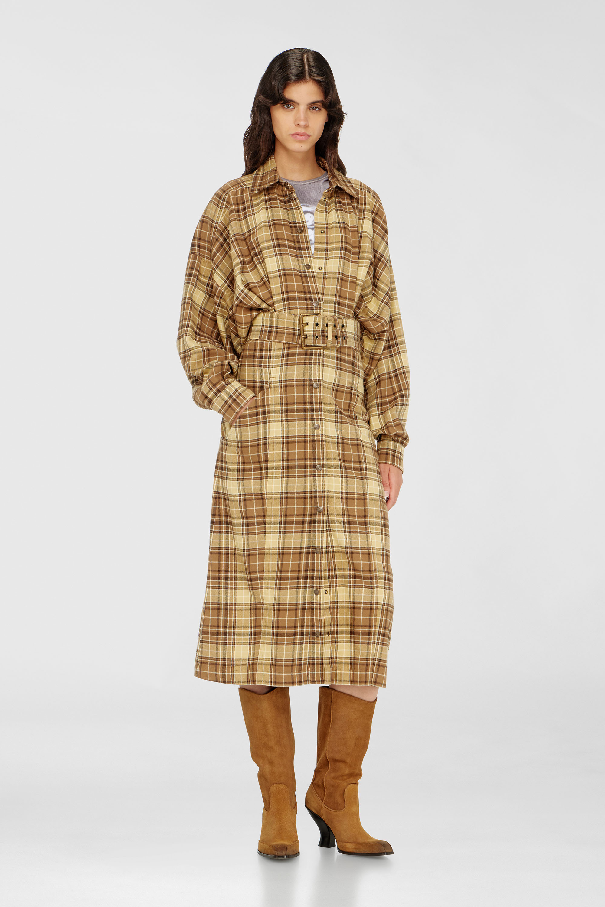 Diesel - D-EDALUS, Damen Midikleid aus kariertem Flanell mit breitem G&uuml;rtel in Braun/Gelb - 3