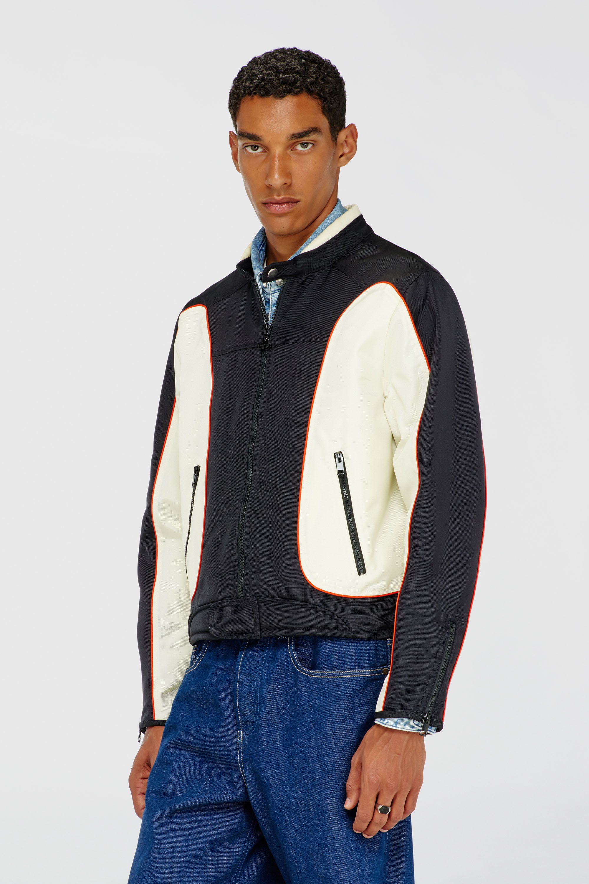 Diesel - J-BLINK-A, Herren Colour-Block-Biker-Jacke mit Paspelierung in Weiss/Schwarz - 1