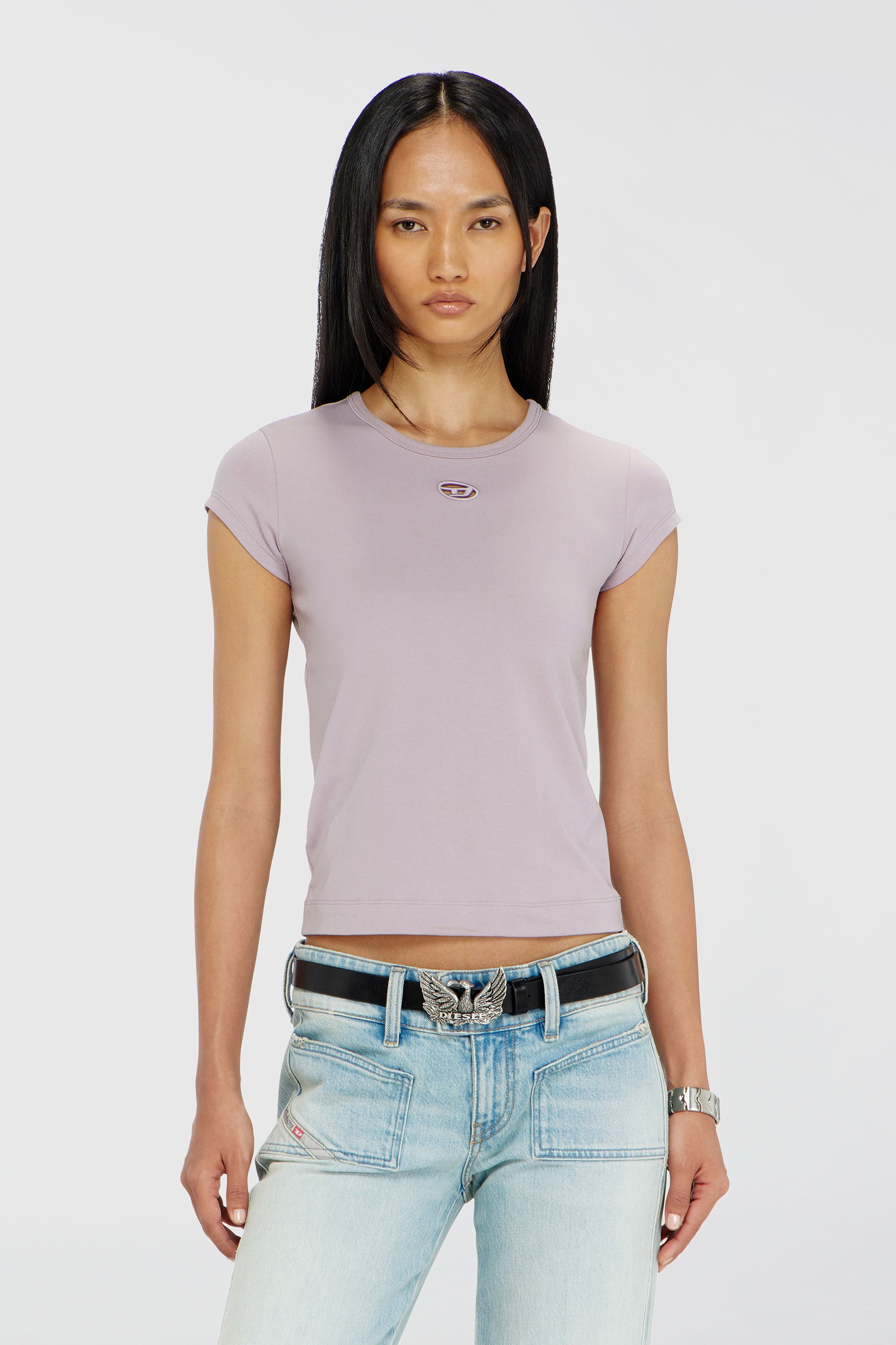 Diesel - T-ANGIE-OD, Damen T-Shirt mit ausgeschnittenem, besticktem Logo in Lila - 1