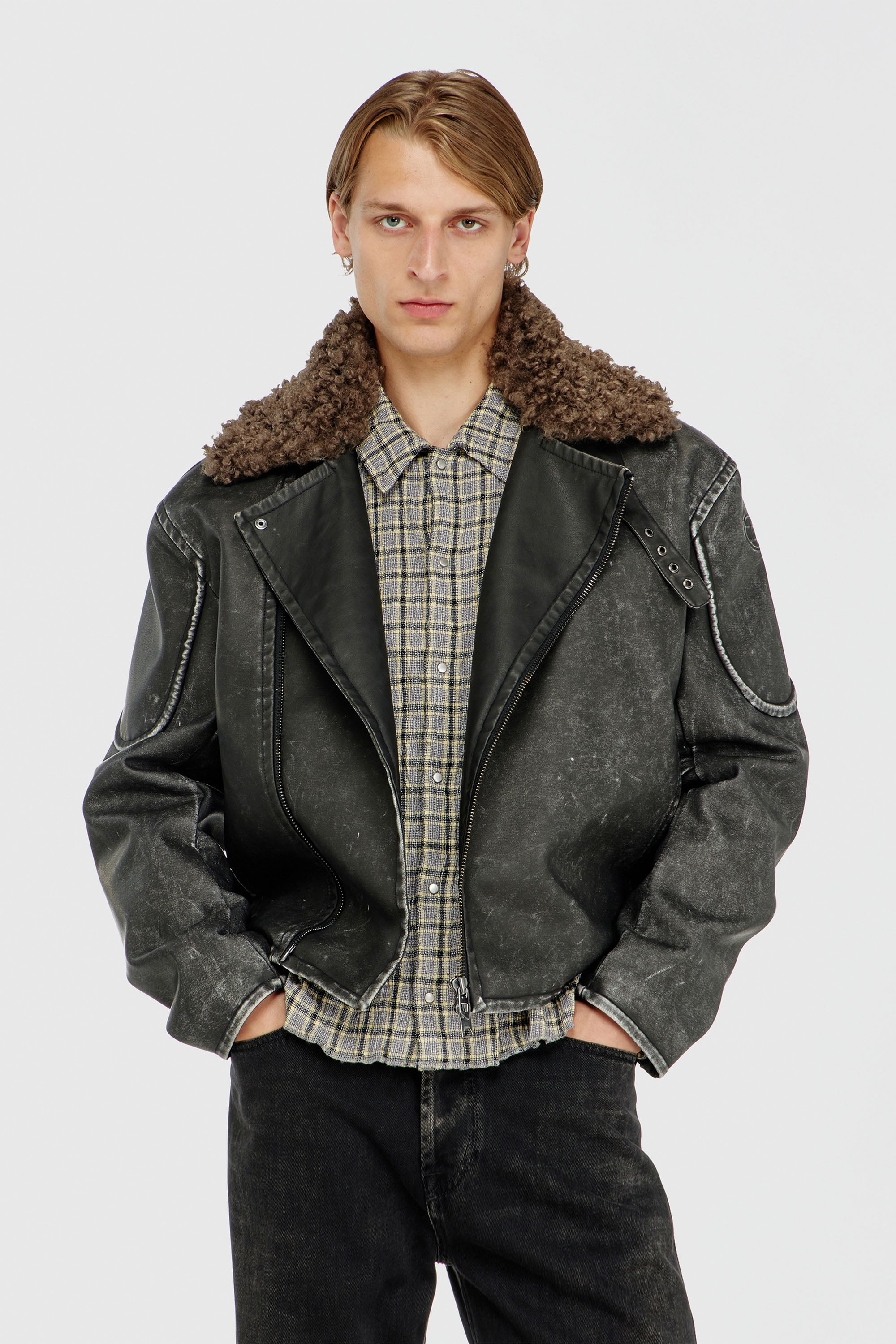 Diesel - W-ALEX, Herren Biker jacket mit abnehmbarem Kragen in Dunkelgrau - 1