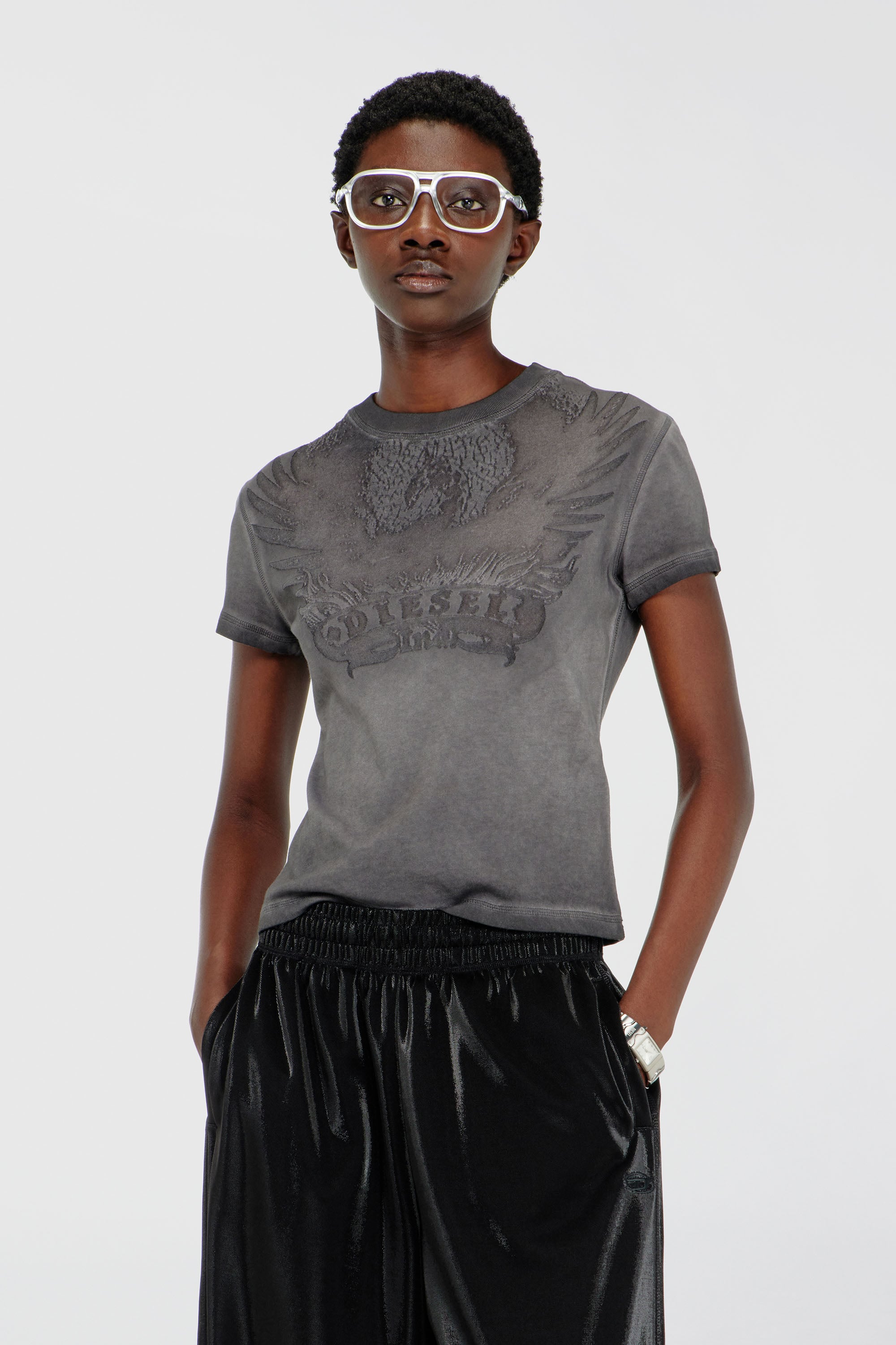 Diesel - T-ILA-AA7, Damen Slim T-shirt mit d&eacute;vor&eacute; Phoenix in Dunkelgrau - 1