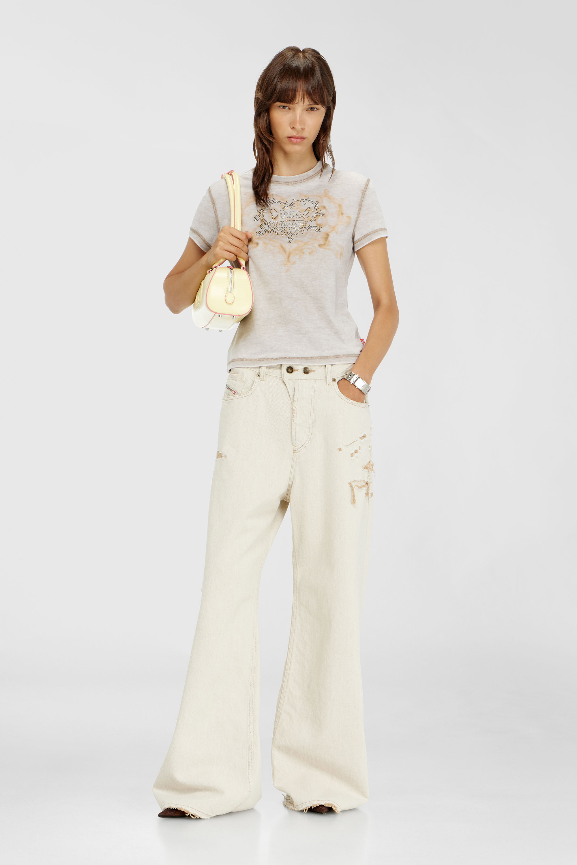 Diesel - T-ILA-AA1, Damen Jersey-T-Shirt mit Strasssteinen und burnout effect in Hellgrau - 2
