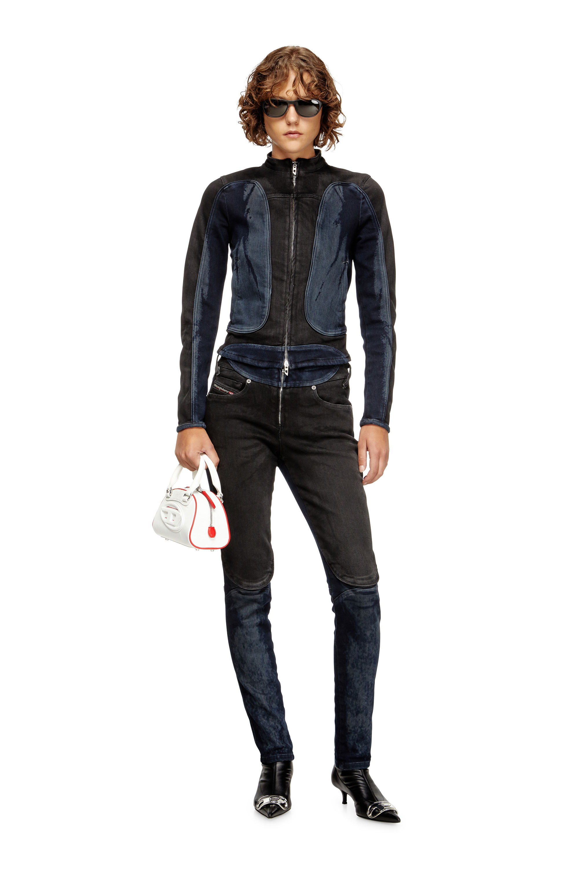 Diesel - DE-MORNY-S, Damen Bikerjacke aus zweifarbigem Denim in Schwarz/Blau - 2