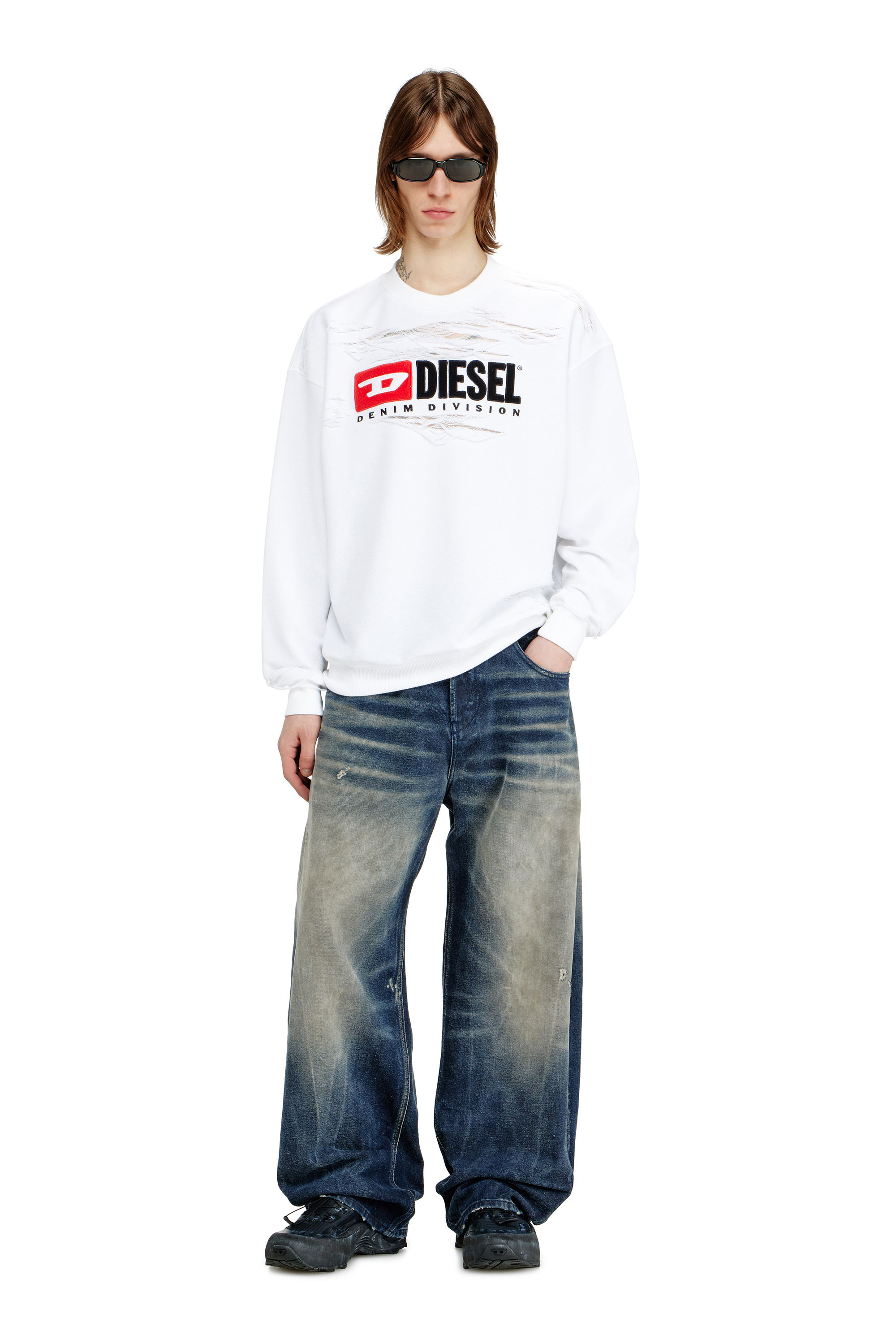 Diesel - S-BOXT-V1, Herren Sweatshirt mit Devor&eacute;-Schwebef&auml;den in Wei&szlig; - 2