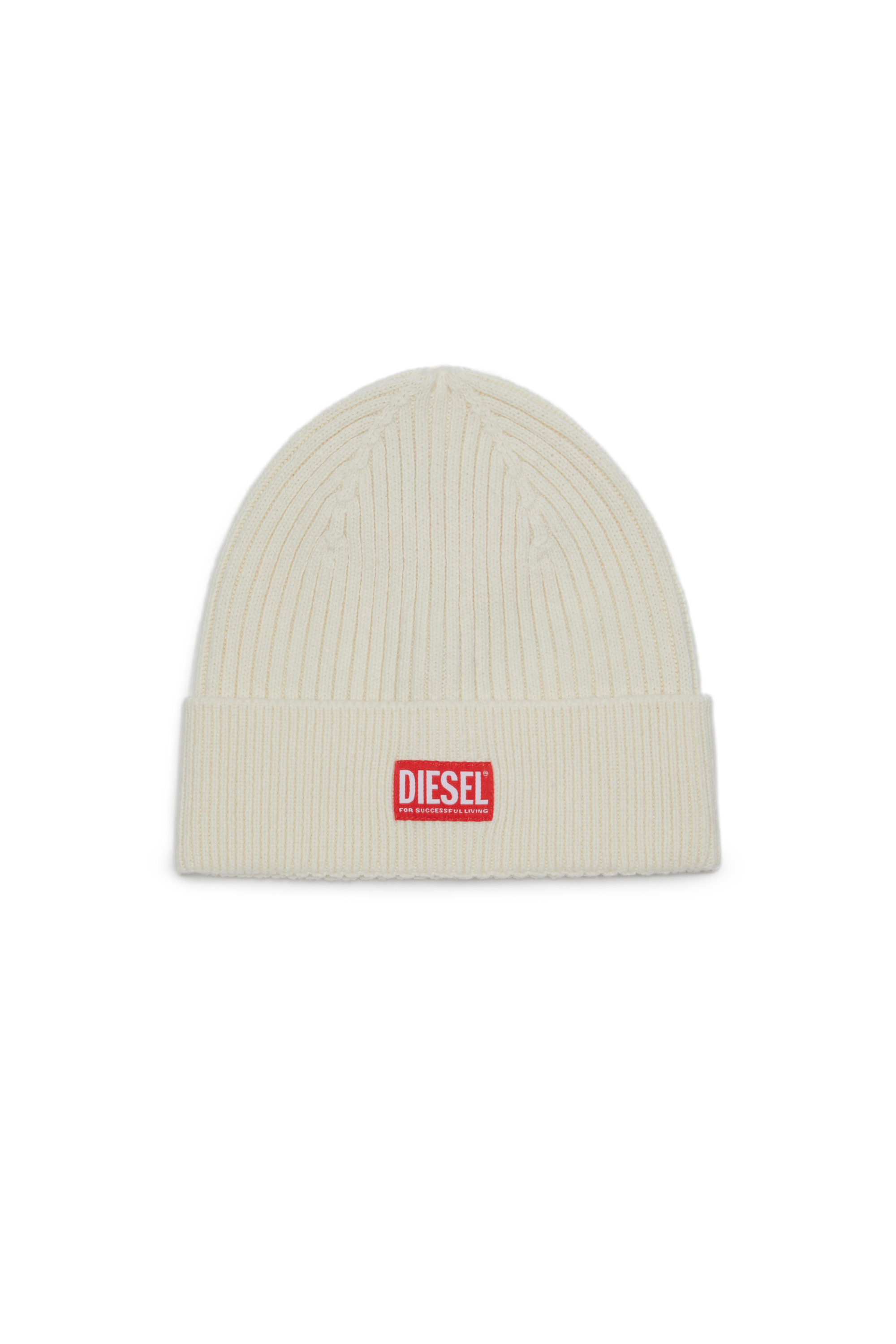 Diesel - K-CODER-H 2X2, Unisex Gerippte Beanie-Mütze mit Logo-Aufnäher in Weiß - 1
