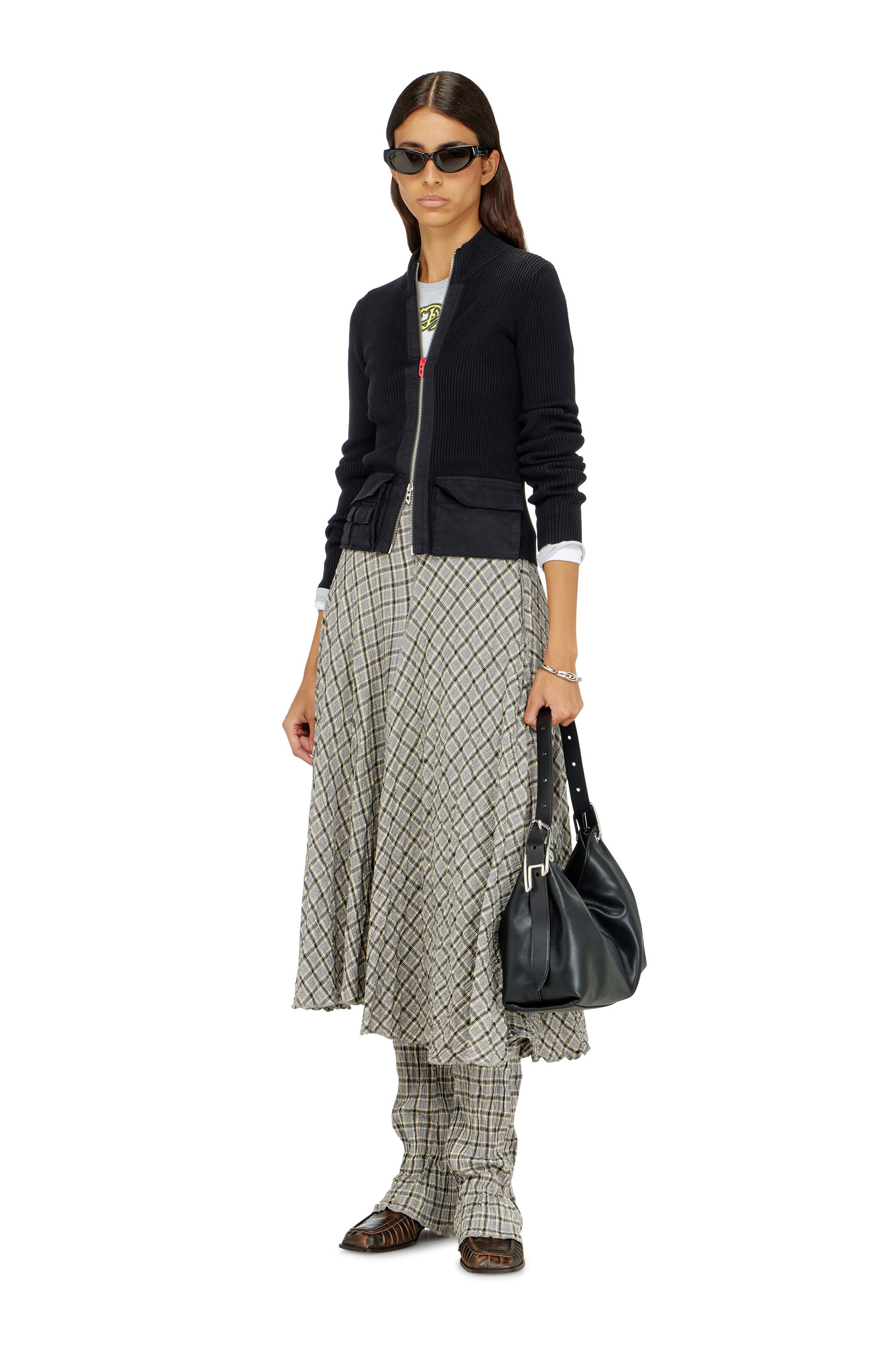 Diesel - M-MELISSA, Damen Geripptes Cardigan mit Cargotaschen in Schwarz - 2