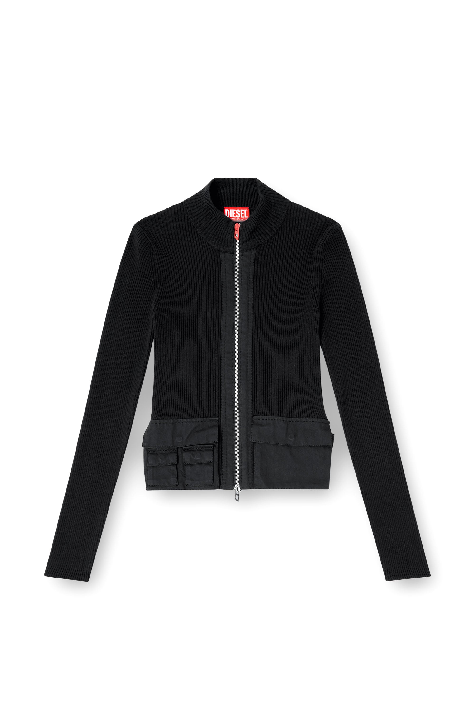 Diesel - M-MELISSA, Damen Geripptes Cardigan mit Cargotaschen in Schwarz - 3