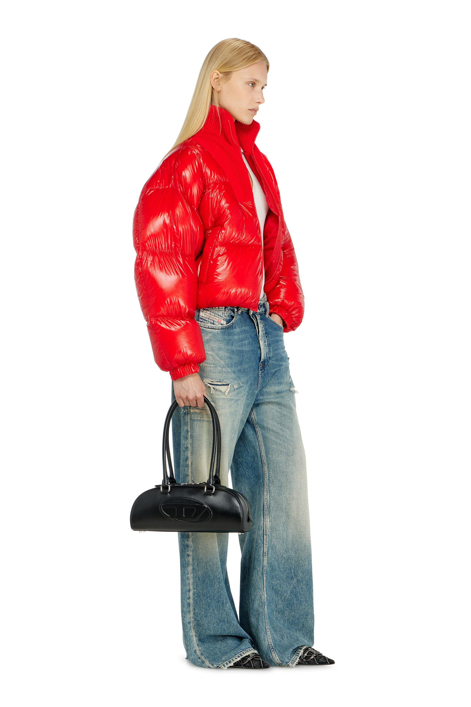 Diesel - W-ARRIOR, Woman's Down puffer jacket in ripstop with knitted collar in Red - 2