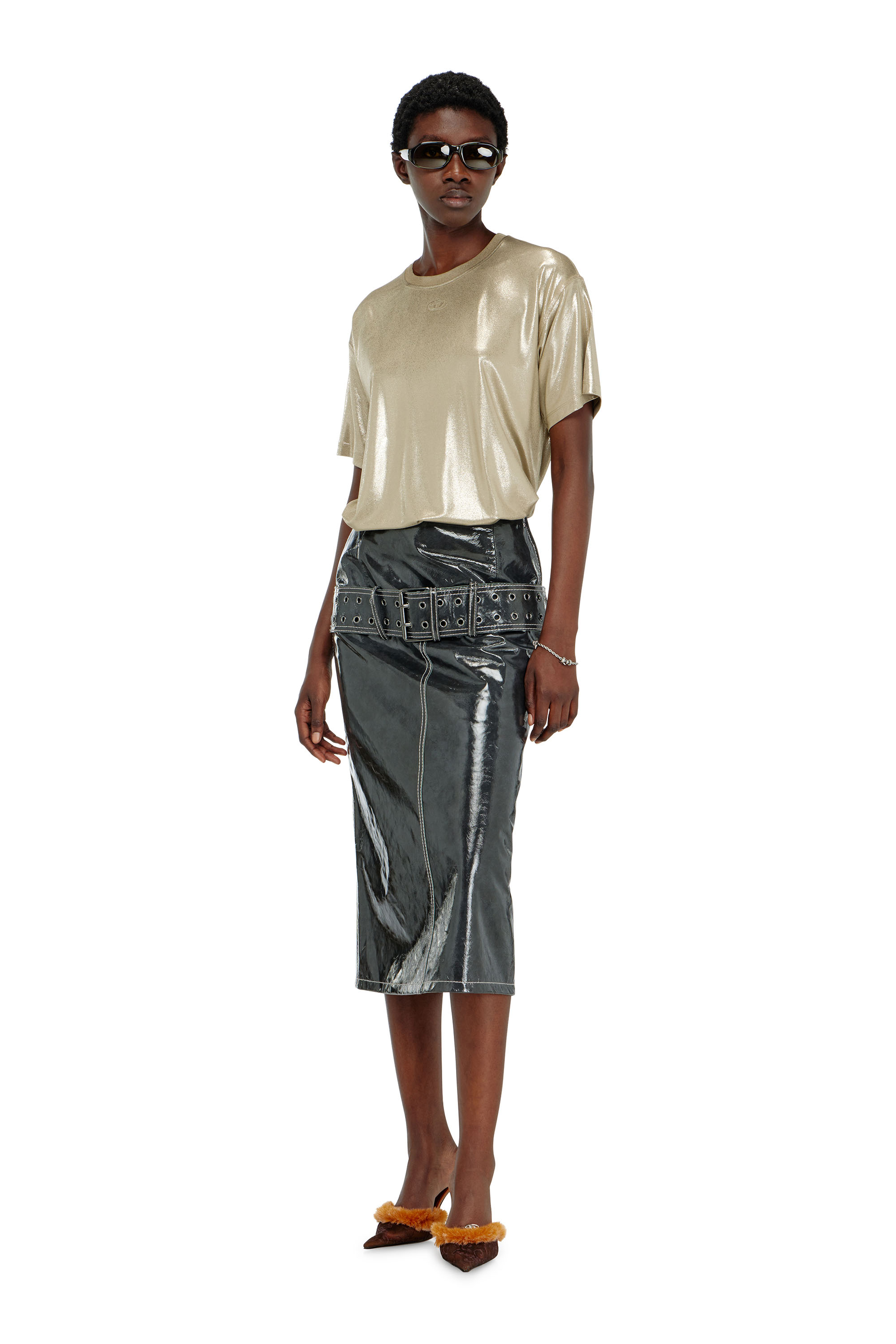 Diesel - T-NORMY-AA2, Damen Jersey-T-Shirt mit Metallic-Finish in Beige - 2