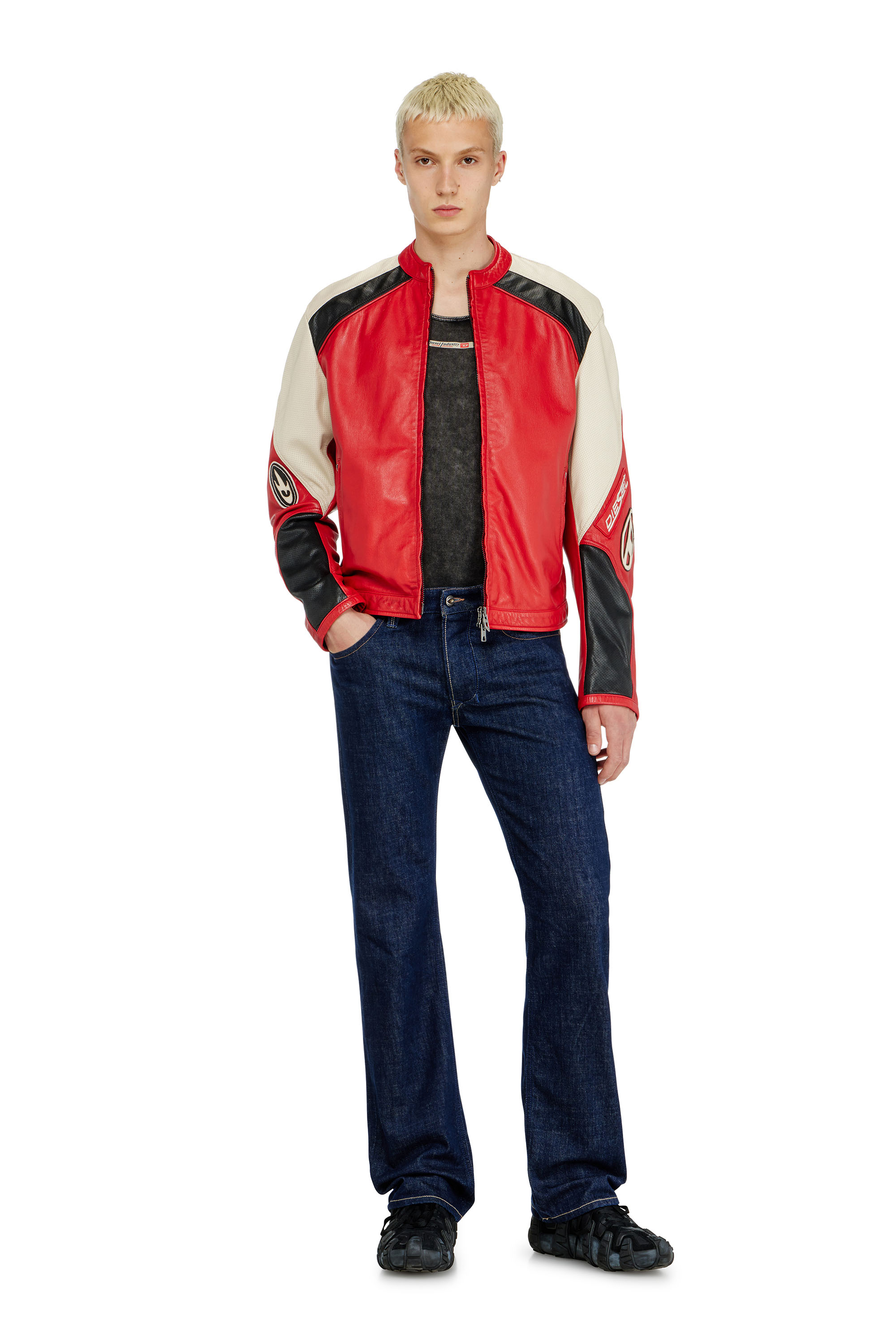 Diesel - L-AHTI, Herren Bikerjacke aus perforiertem Colour-Block-Leder in Beige/Rot - 2