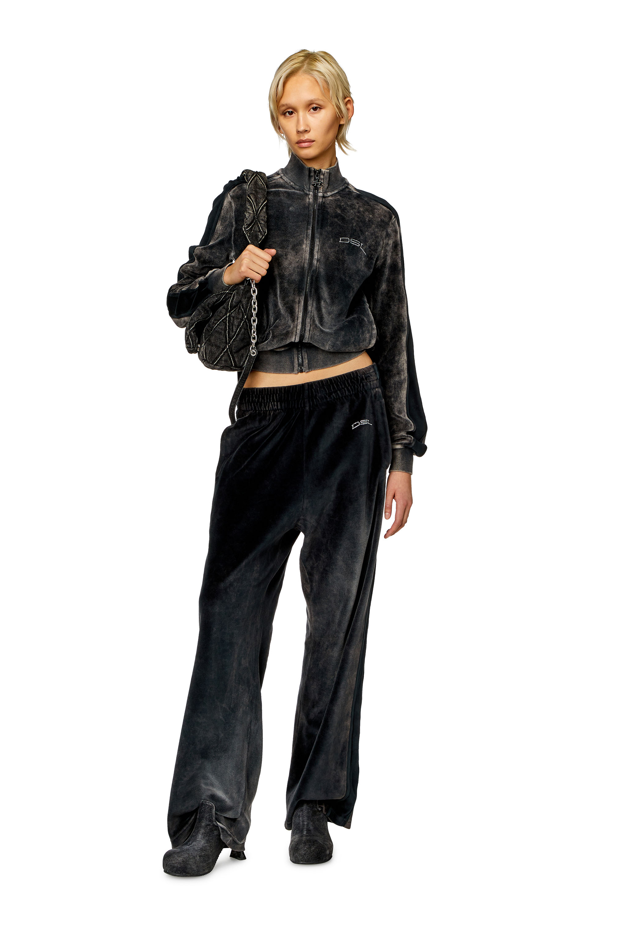 P-MARTYN, Schwarz Diesel - P-MARTYN, Damen Sweathose aus Chenille in Acid-Waschung mit weitem Beinschnitt in Schwarz - 1