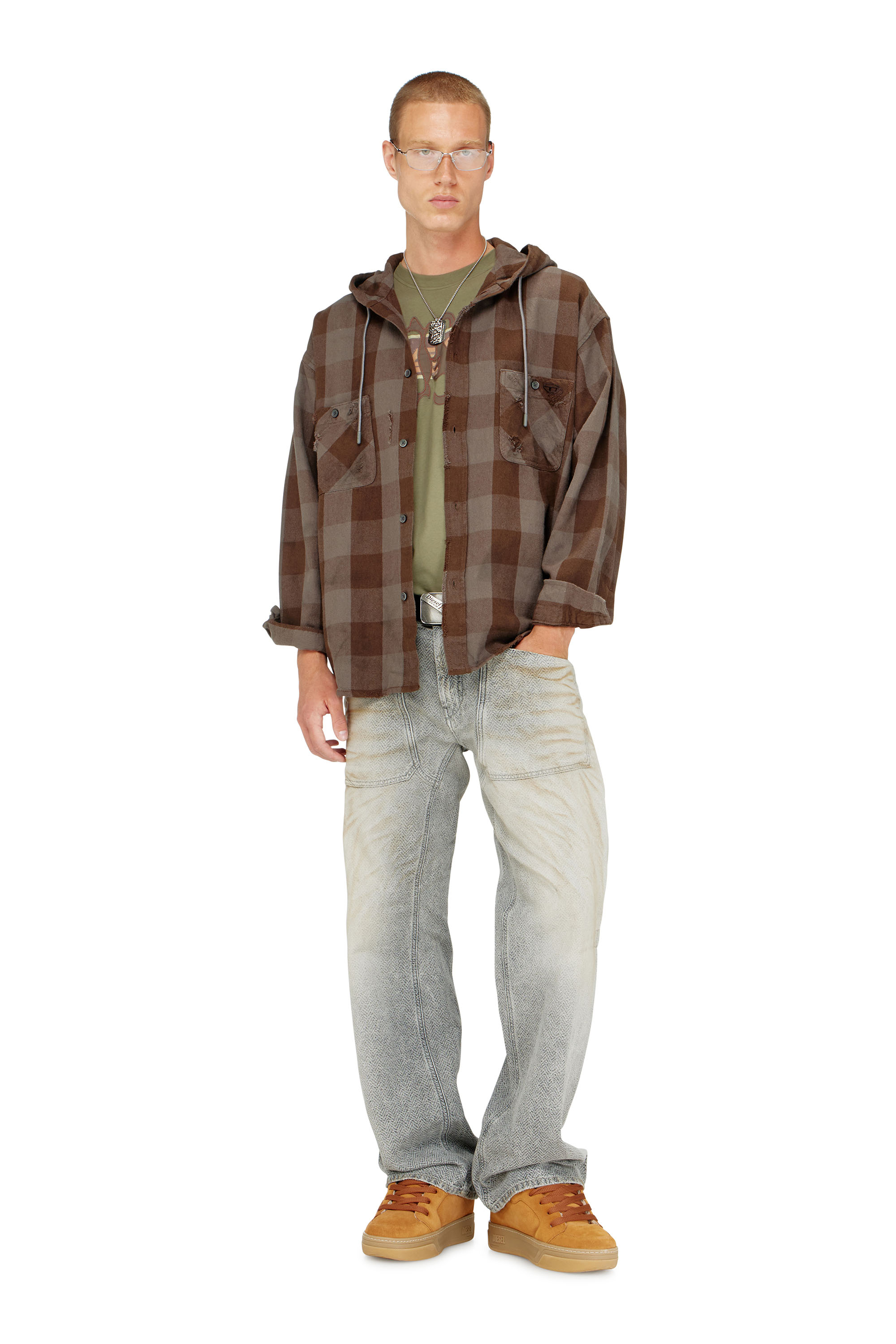 Diesel - S-DRUM-HOODY, Herren Kapuzenshirt aus distressed kariertem Flanell in null - 1