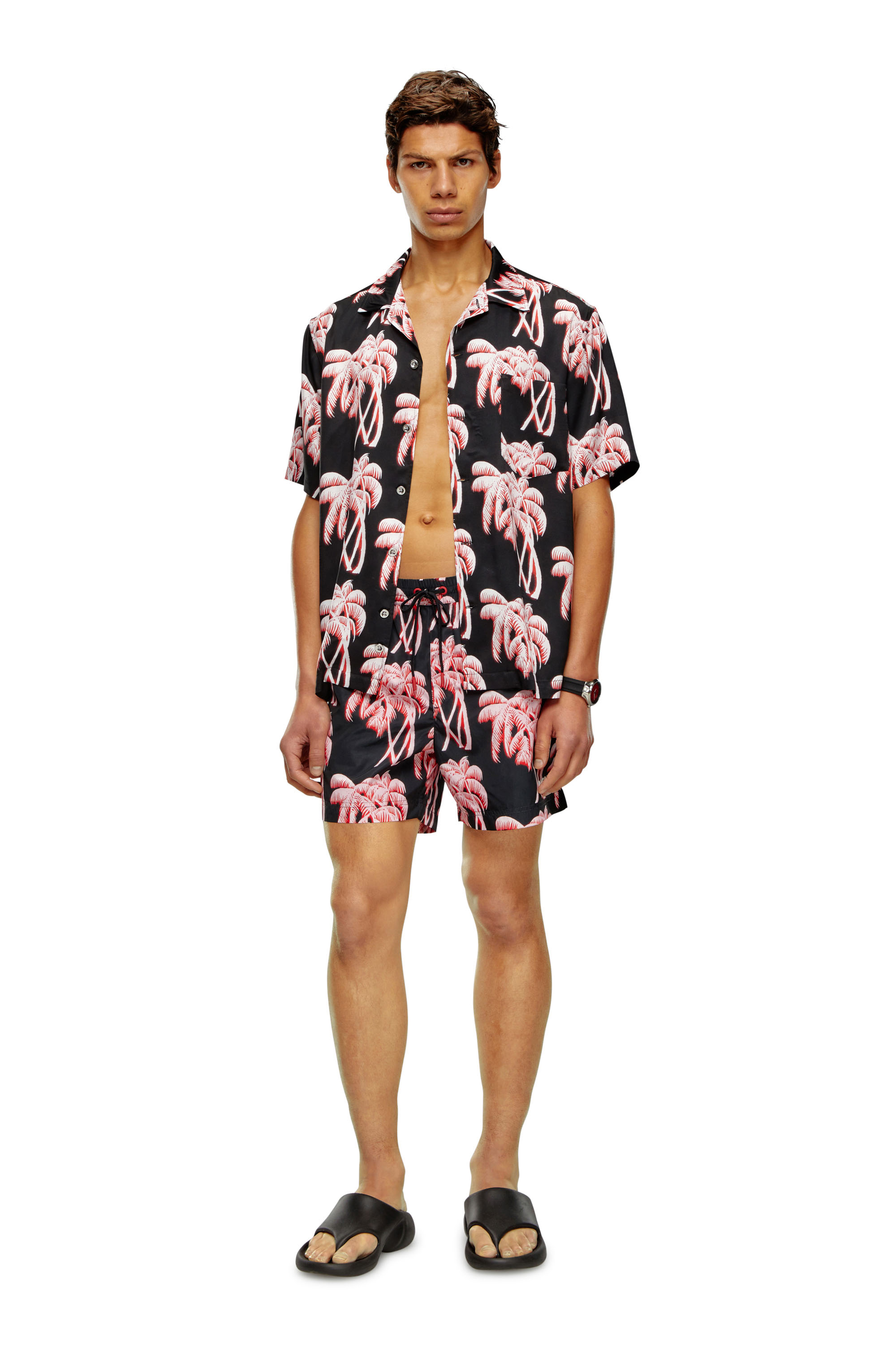 Diesel - BMOWT-ADRIAN, Herren Strandshirt mit Palmen-Print in Schwarz/Rosa - 2