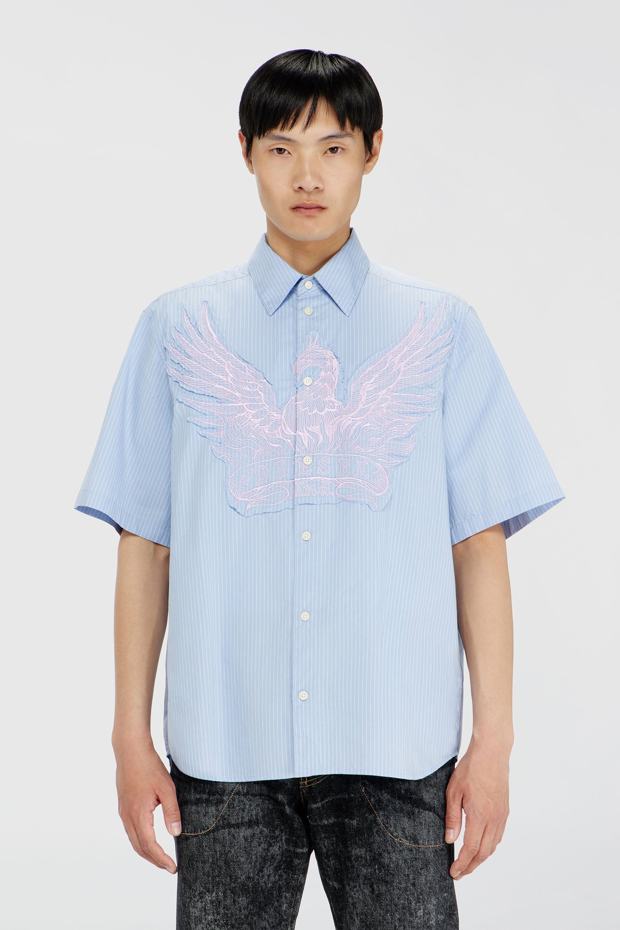 Diesel - S-SIMPLY-SS-AGCZ, Herren Gestreiftes Popeline-Hemd mit Stickpatch in Hellblau - 1