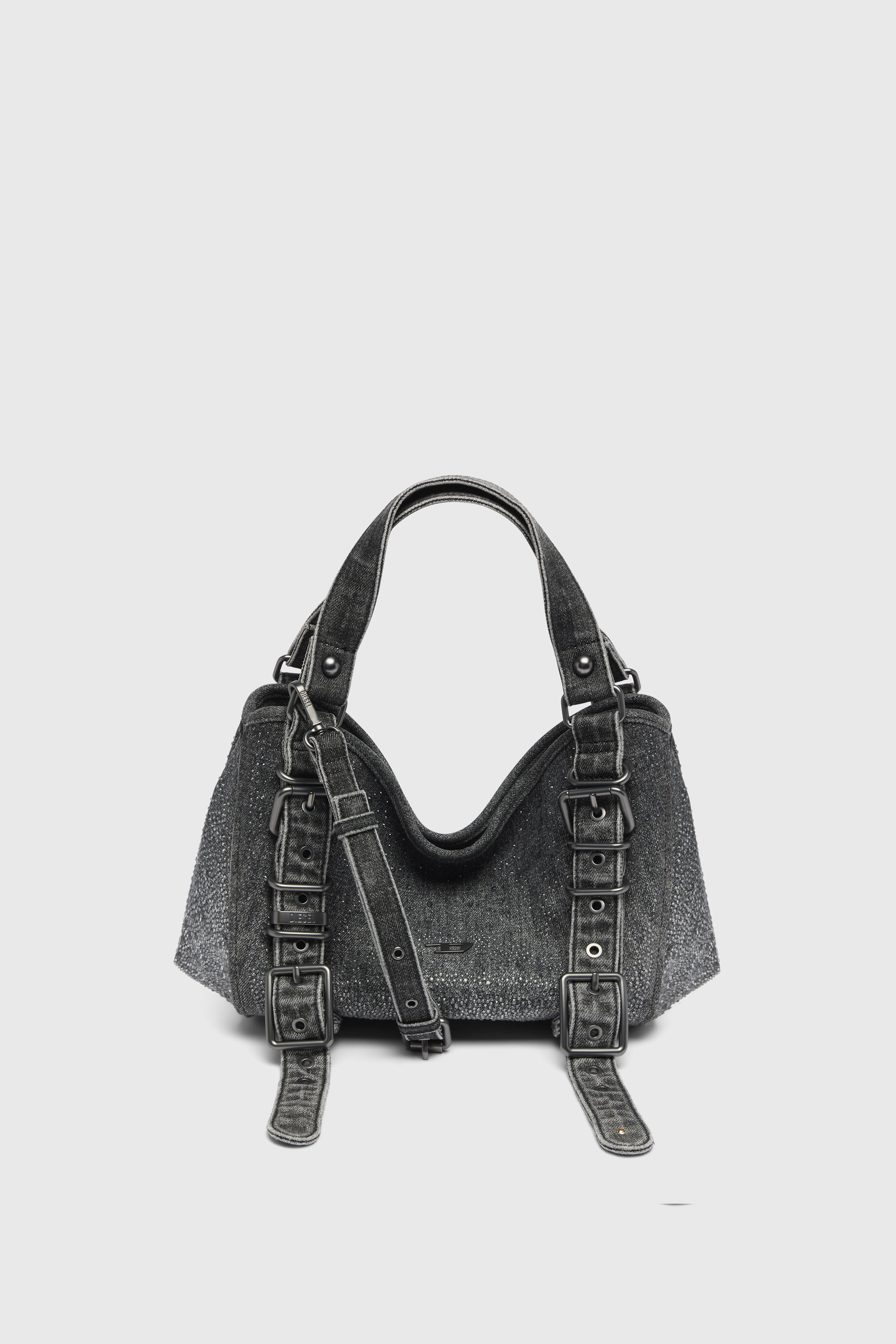 Diesel - D-ONE TOPHANDLE S, Damen D-One-Small Henkeltasche aus solarisiertem Denim mit Kristallen in Schwarz - 2