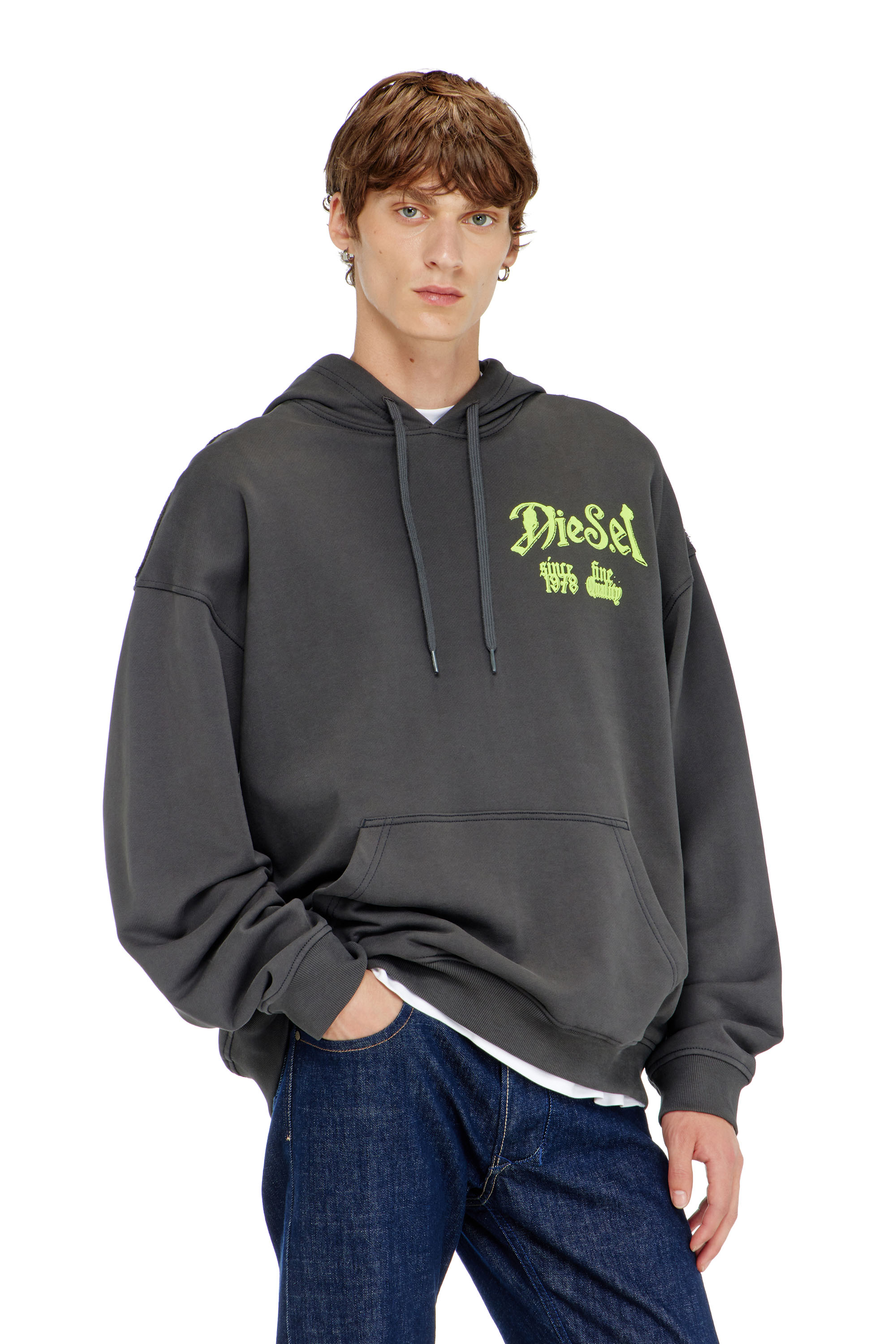 Diesel - S-BOXT-HOOD-AA2, Herren Baumwoll-Hoodie mit beflockten Grafiken in Dunkelgrau - 1