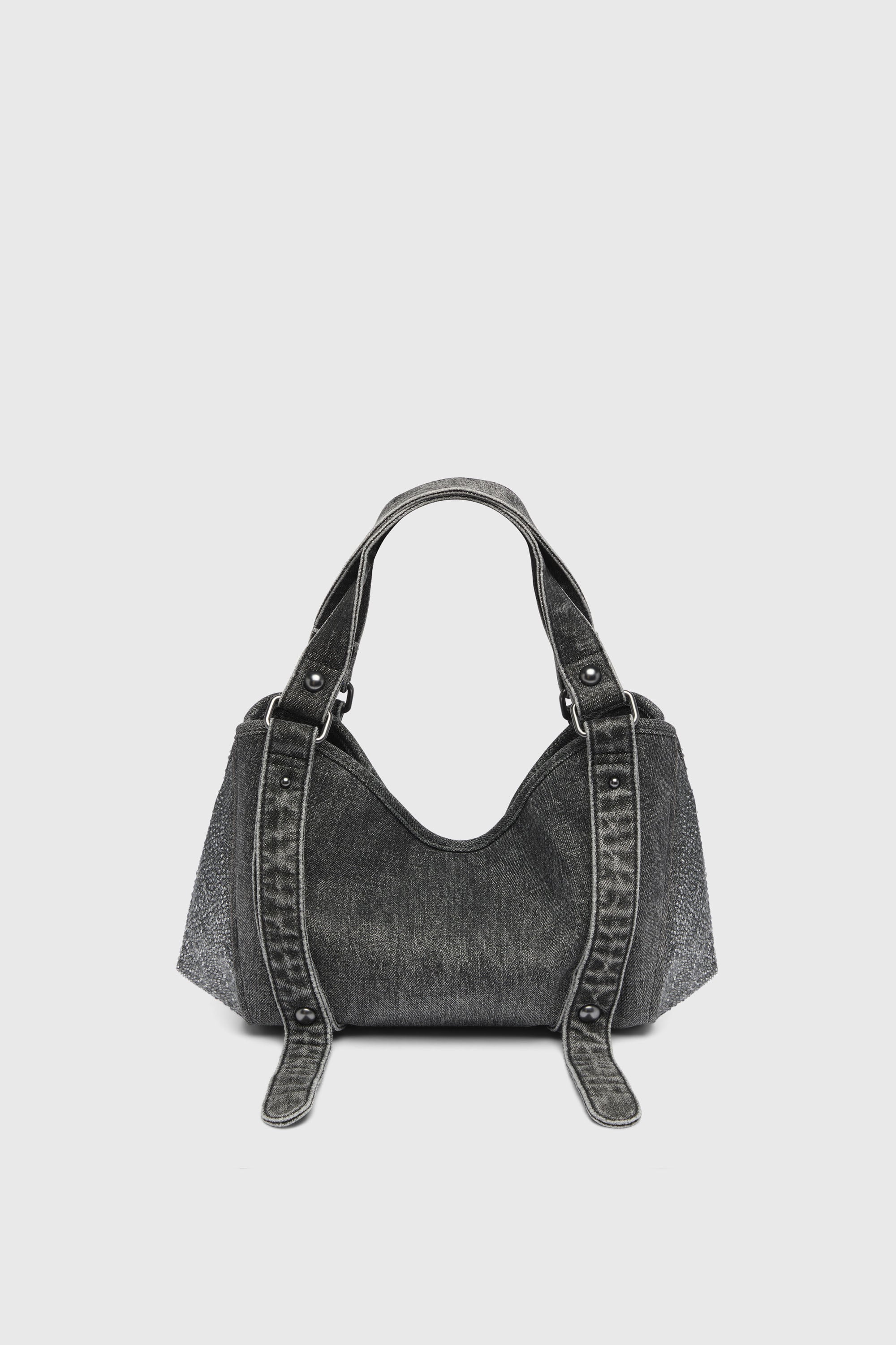 Diesel - D-ONE TOPHANDLE S, Damen D-One-Small Henkeltasche aus solarisiertem Denim mit Kristallen in Schwarz - 3