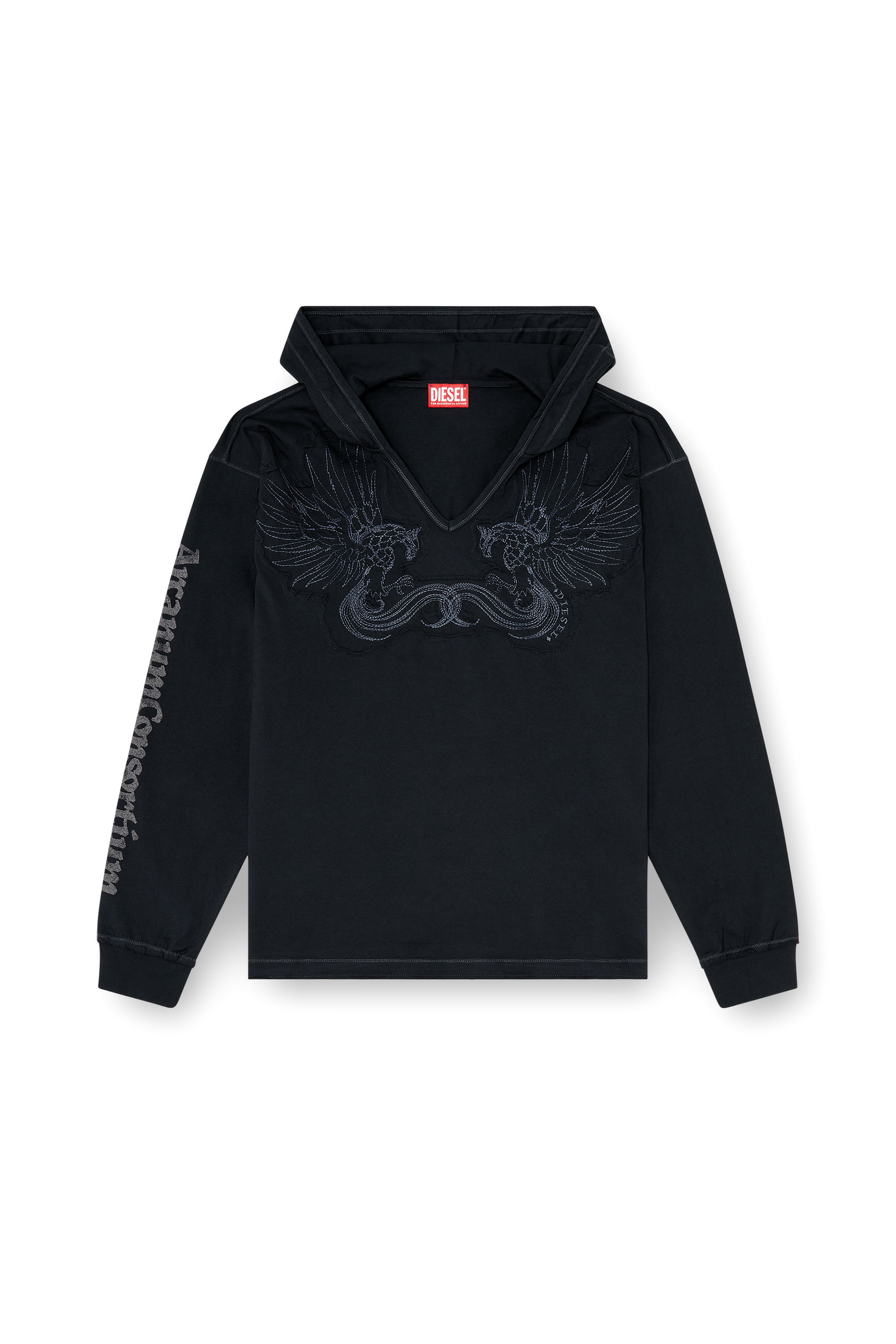 Diesel - T-PHEN-LS-HOOD-RIB, Man's Hoodie with V-neck and embroidered front in Black - 3