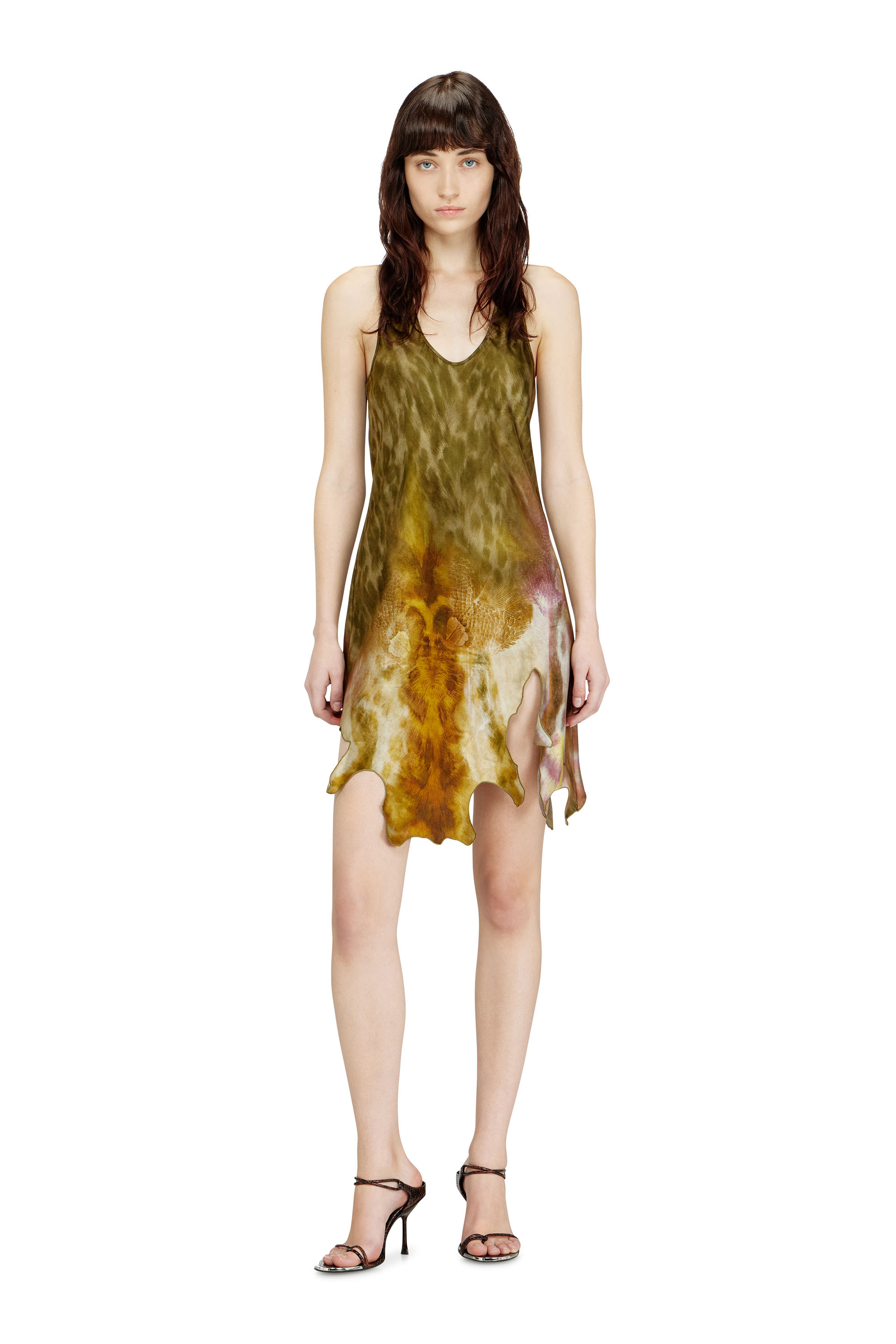 Diesel - D-AHIUL, Damen Kurzes Satinkleid mit Saum in Leder-Optik in Braun/Gr&uuml;n - 2