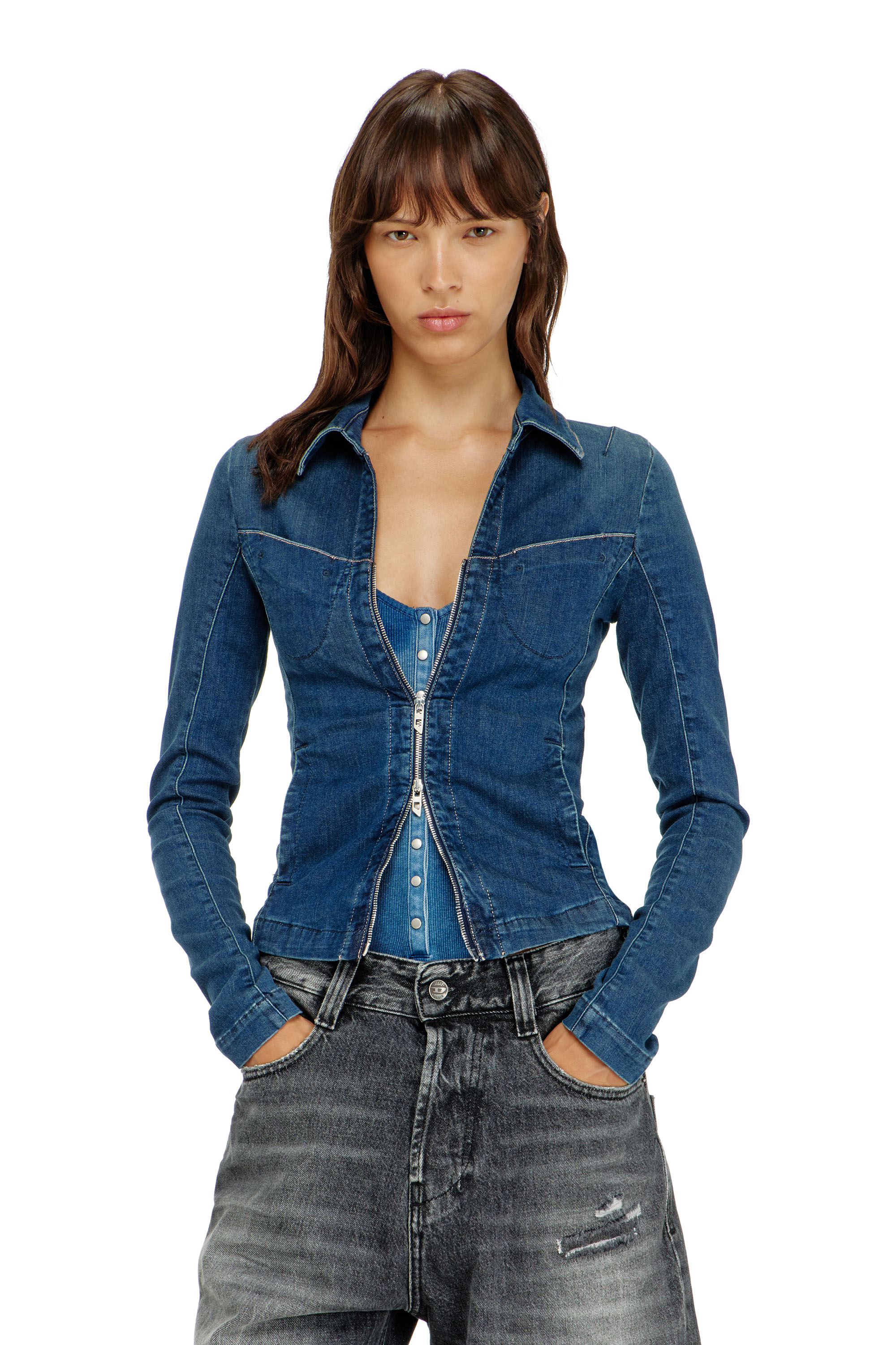 Diesel - DE-QUINOR-S1, Damen Hemd mit Rei&szlig;verschluss aus denim in Mittelblau - 3