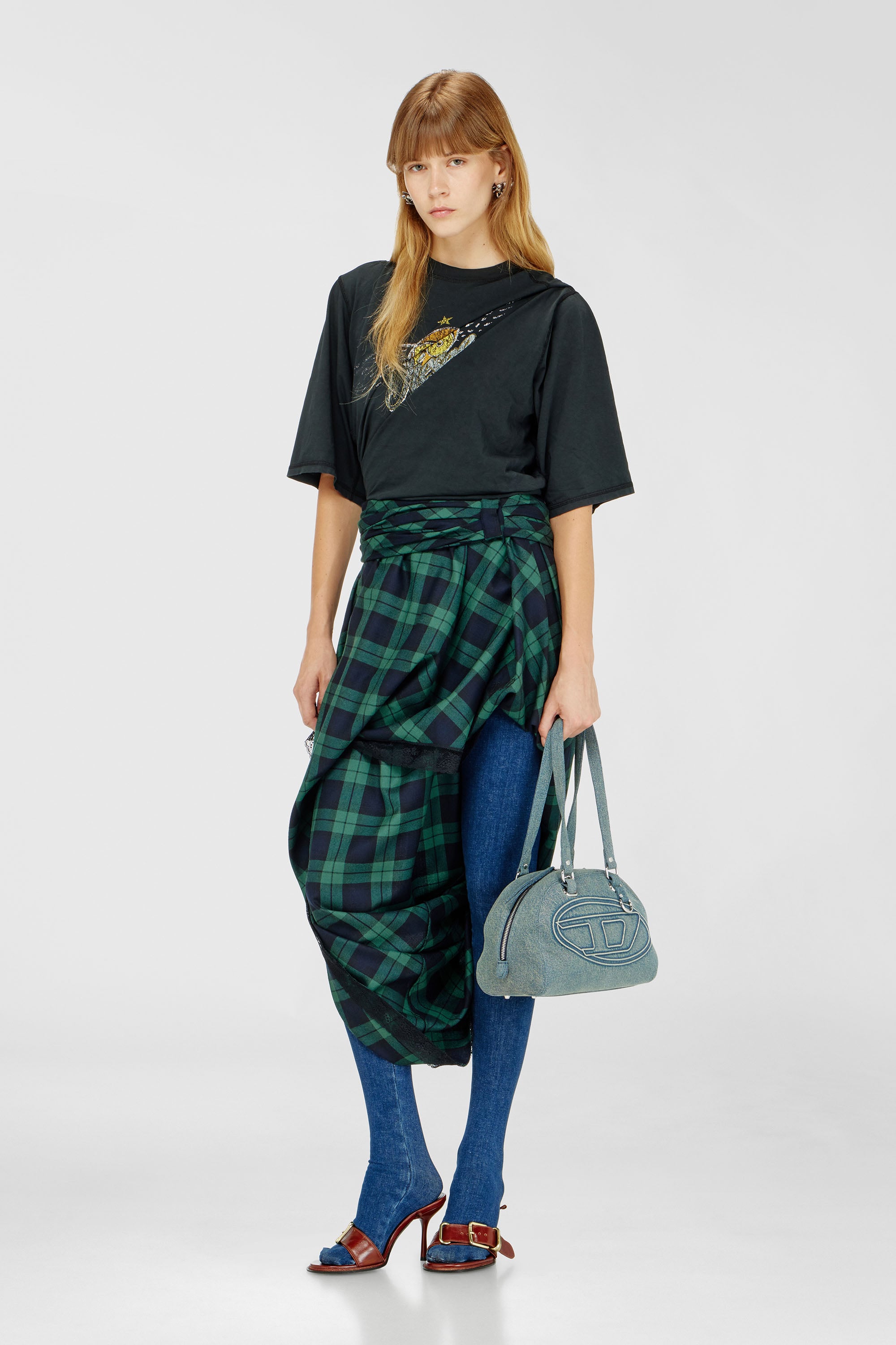 Diesel - O-WINNY, Damen Midilanger Rock im Tartan-Look mit Spitzenbesatz in Gr&uuml;n/Blau - 1