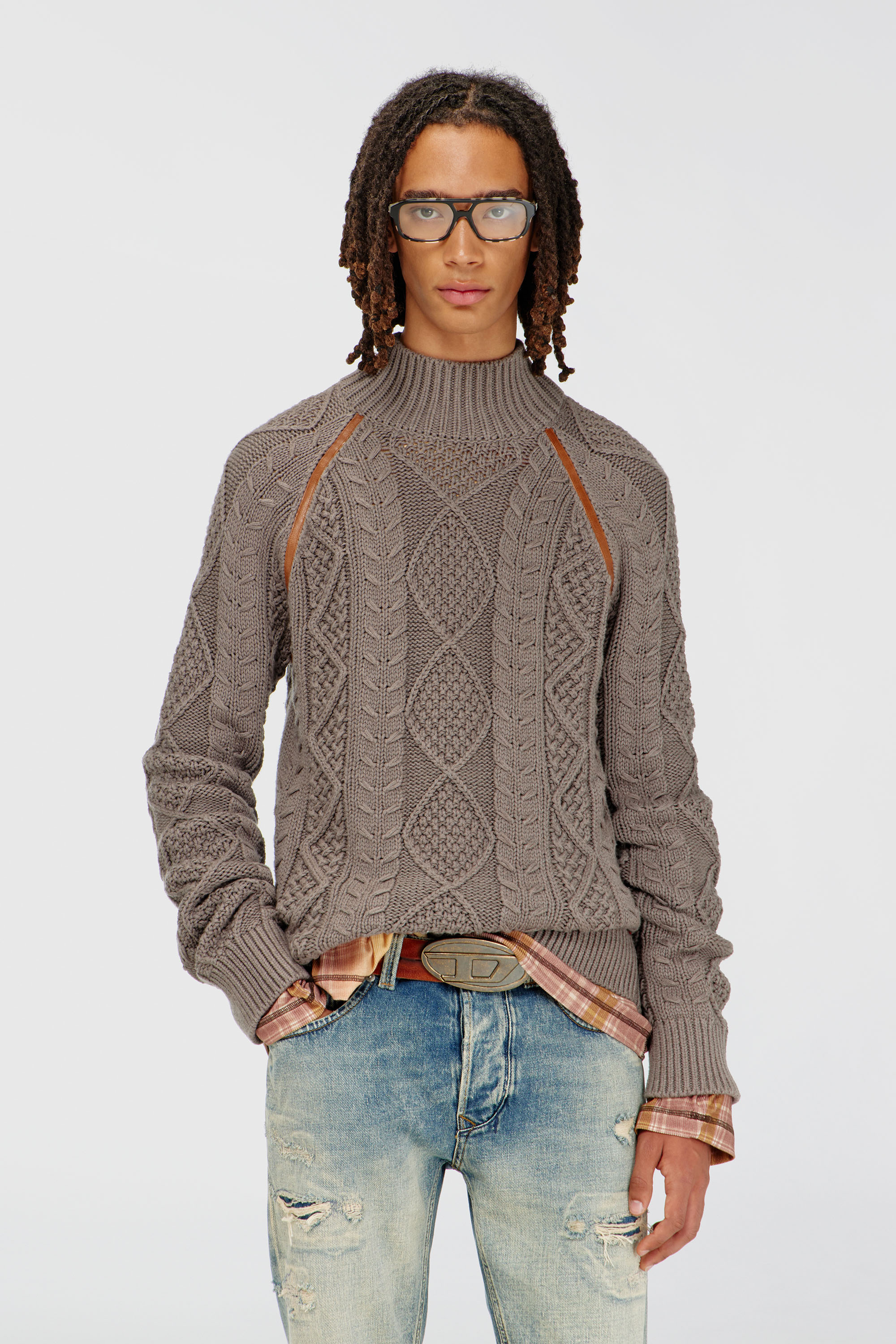 Diesel - K-INOME, Herren Rollkragenpullover im Zopfmuster in Grau - 1