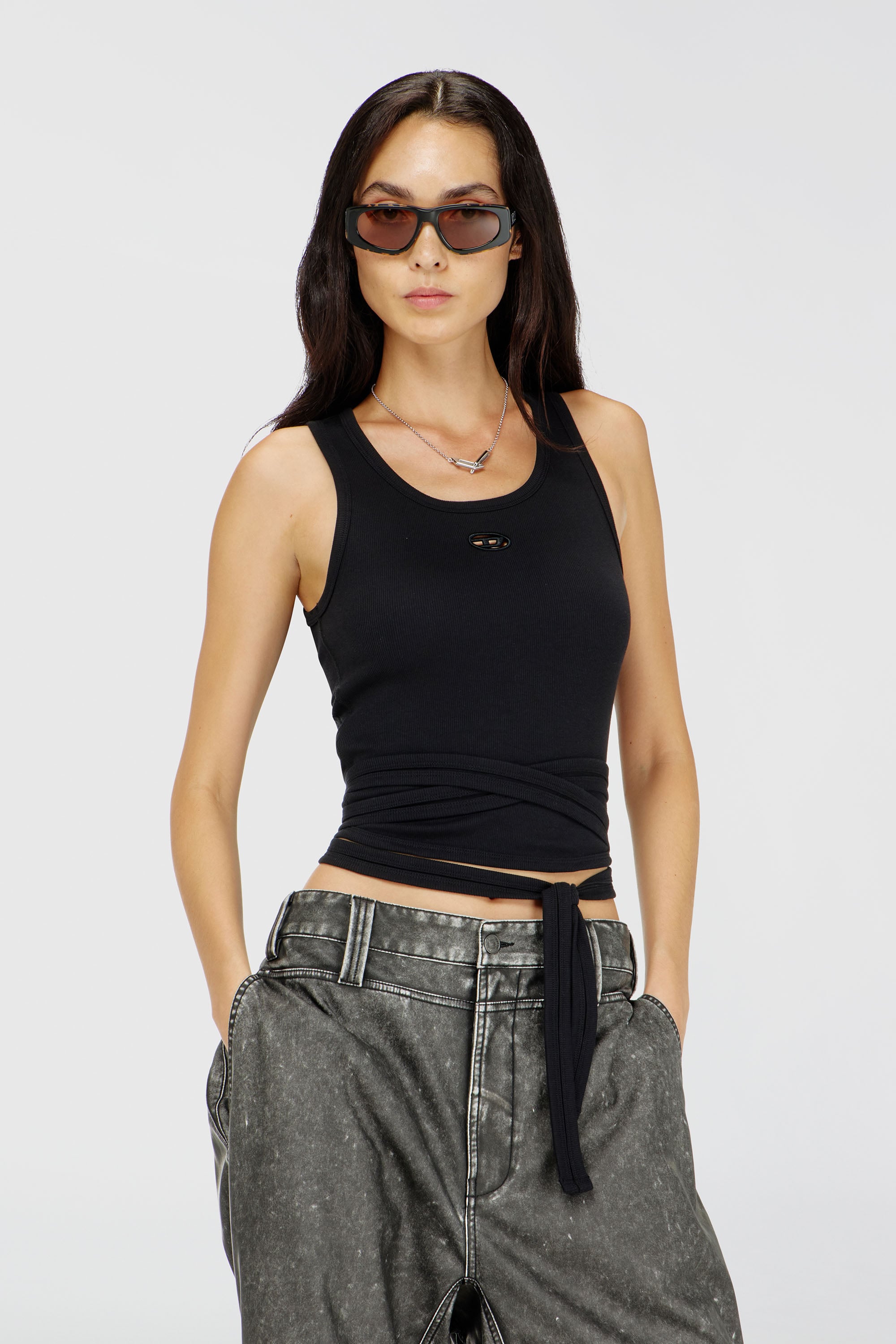 Diesel - T-ANKY-TAIL-S1, Damen Crop-Top mit Wickelschn&uuml;ren in Schwarz - 1