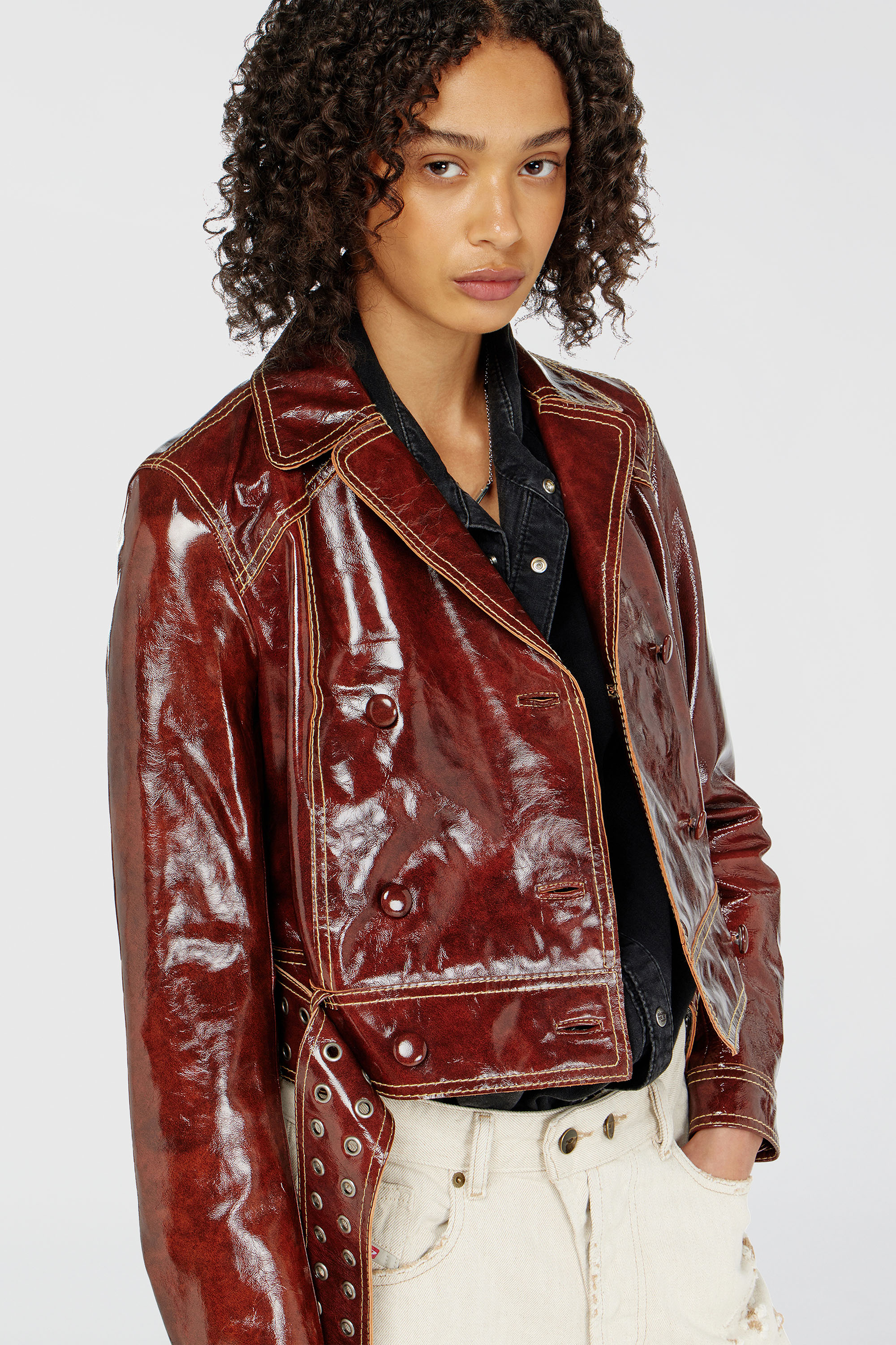 Diesel - L-EGEND, Damen Patent-leather jacket mit gro&szlig;em G&uuml;rtel in Braun - 6