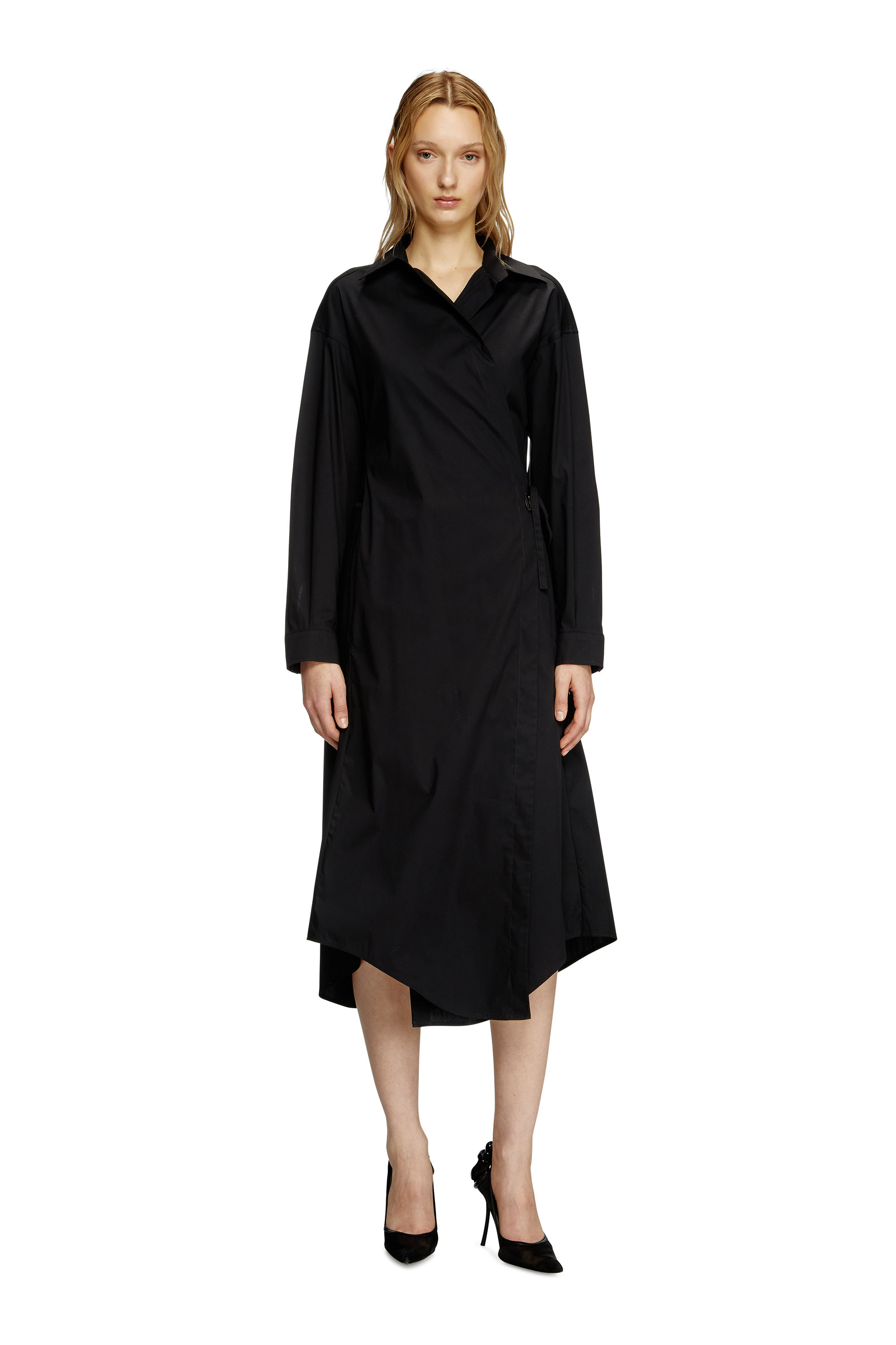 Diesel - D-ELPHI-LONG, Damen Wickel-Shirtkleid aus Baumwollmisch-Popeline in Schwarz - 2