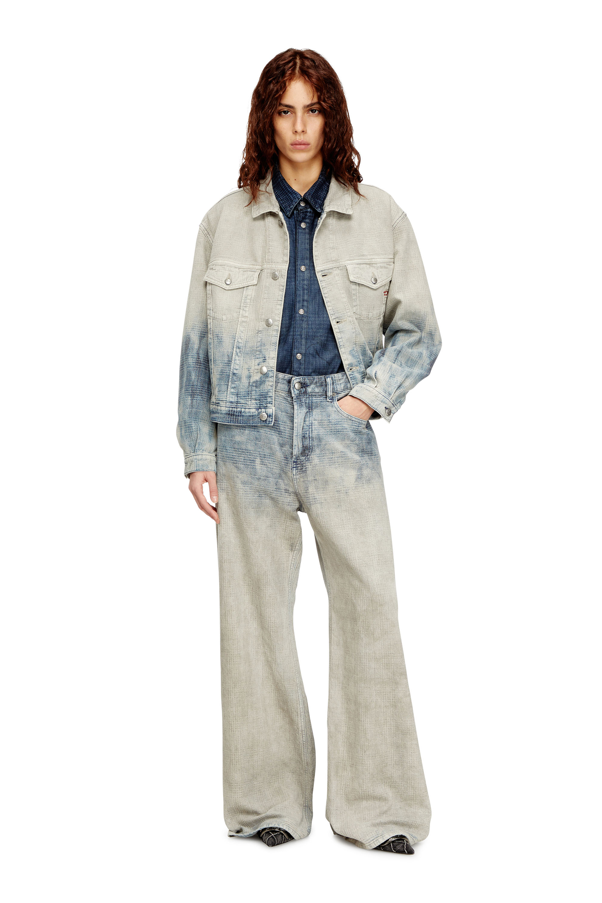 Diesel - D-RANGER, Unisex Trucker-Jacke aus Prince-of-Wales-Jacquard-Denim in Grau/Blau - 4