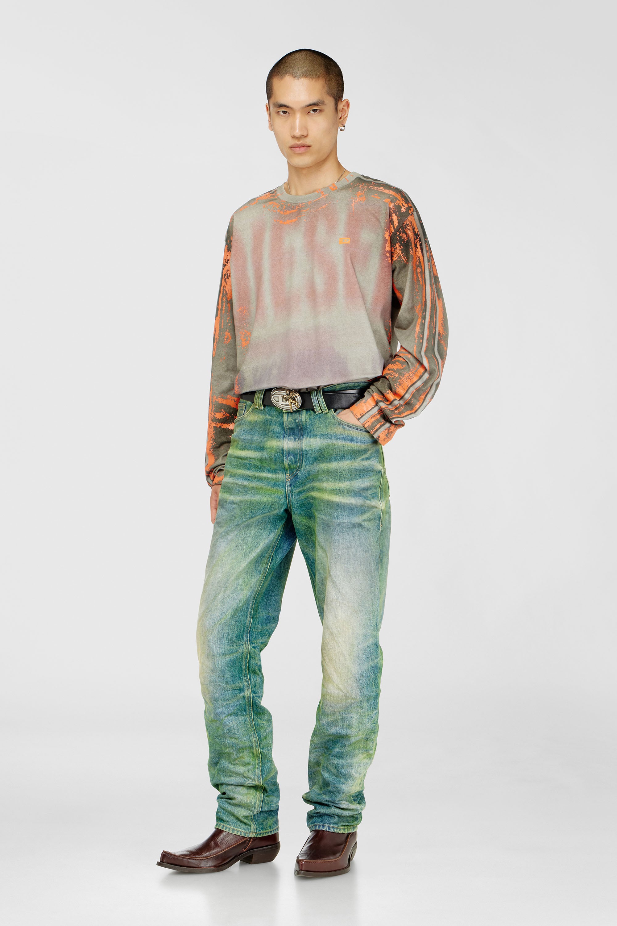Diesel - T-FILMY, Herren Langarmshirt aus Cracked Jersey in Grau/Orange - 2